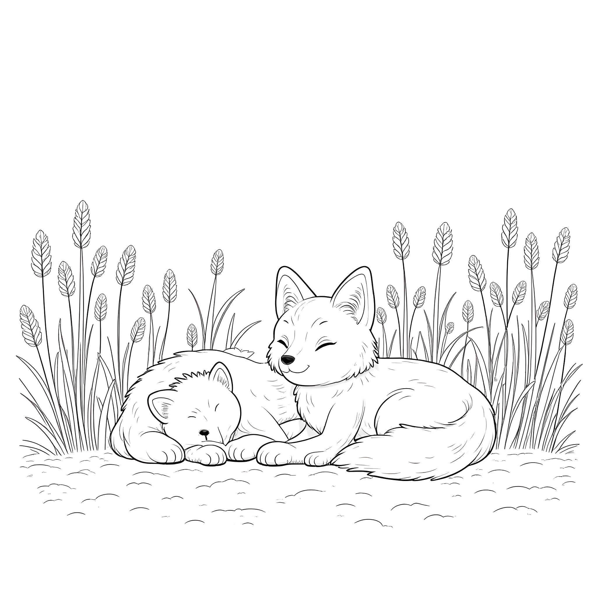 Fox Duo Resting Peacefully in Grassy Field Coloring Page (free black-and-white line drawing printable PDF for all, from beginners to advanced learners, including children, teens, adults, and seniors)