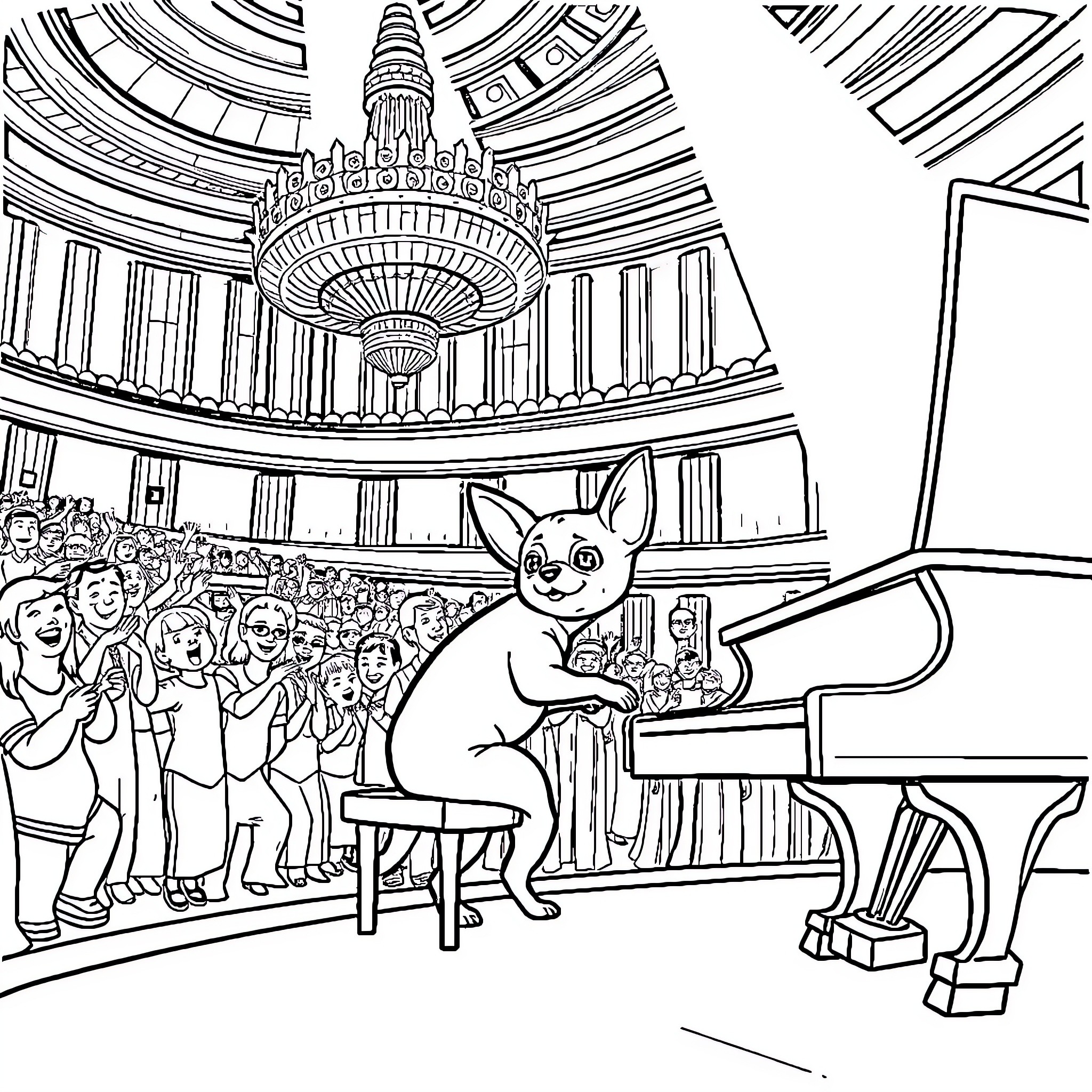 Chihuahua performing piano on grand stage Coloring Page (free black-and-white line drawing printable PDF for all, from beginners to advanced learners, including children, teens, adults, and seniors)