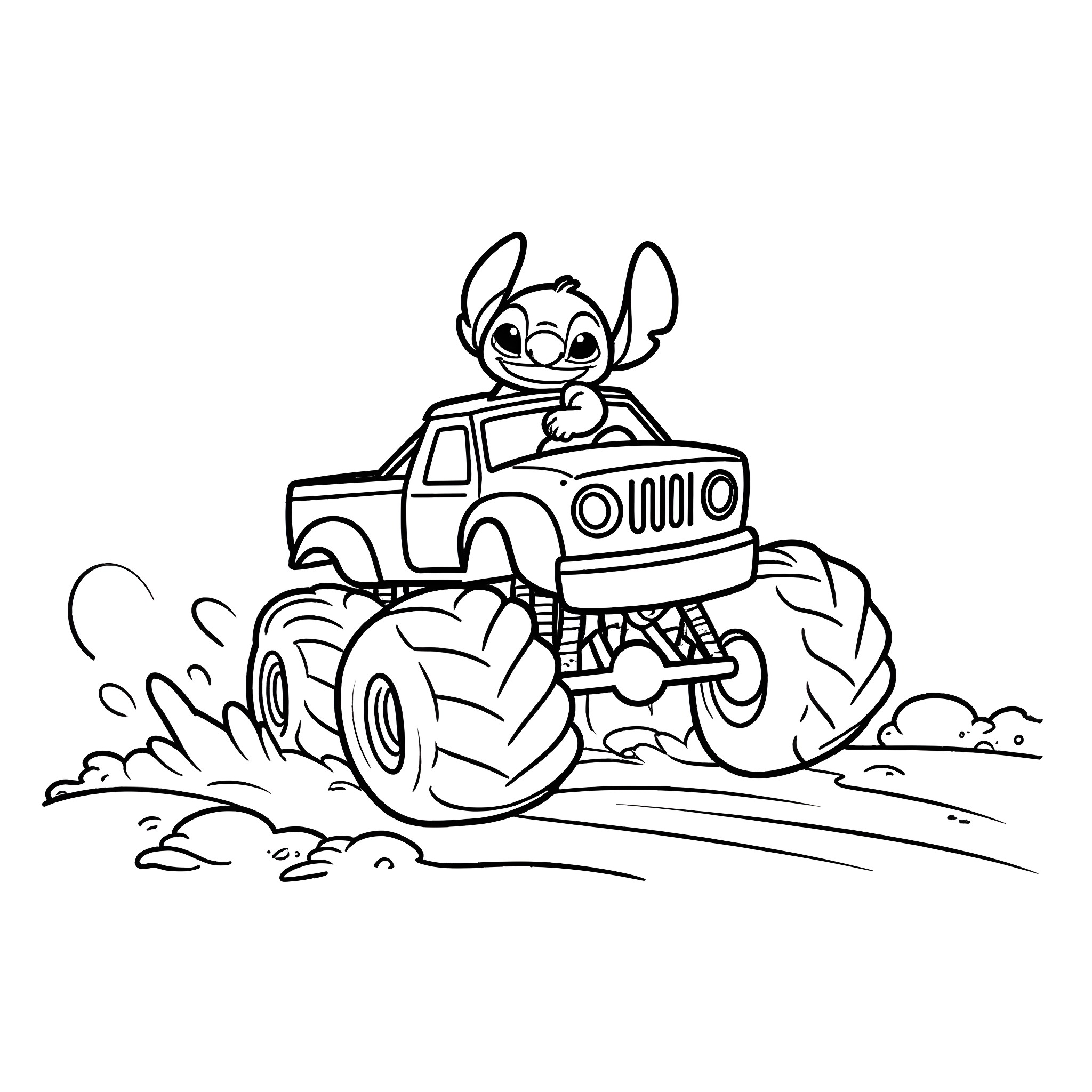Stitch riding a monster truck through the mud Coloring Page (free black-and-white line drawing printable PDF for all, from beginners to advanced learners, including children, teens, adults, and seniors)