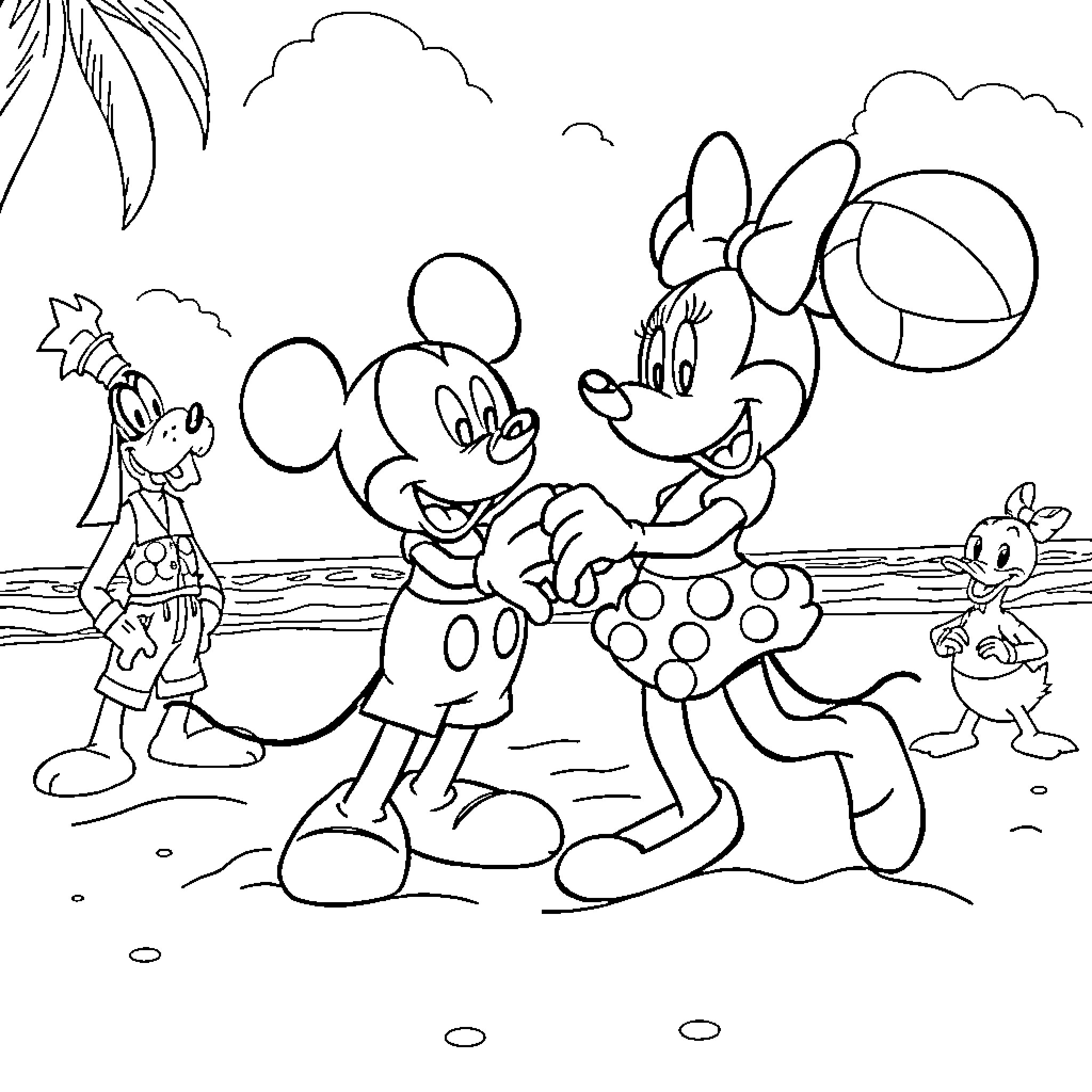 Mickey Mouse and Minnie Mouse enjoying a beach outing Coloring Page (free black-and-white line drawing printable PDF for all, from beginners to advanced learners, including children, teens, adults, and seniors)