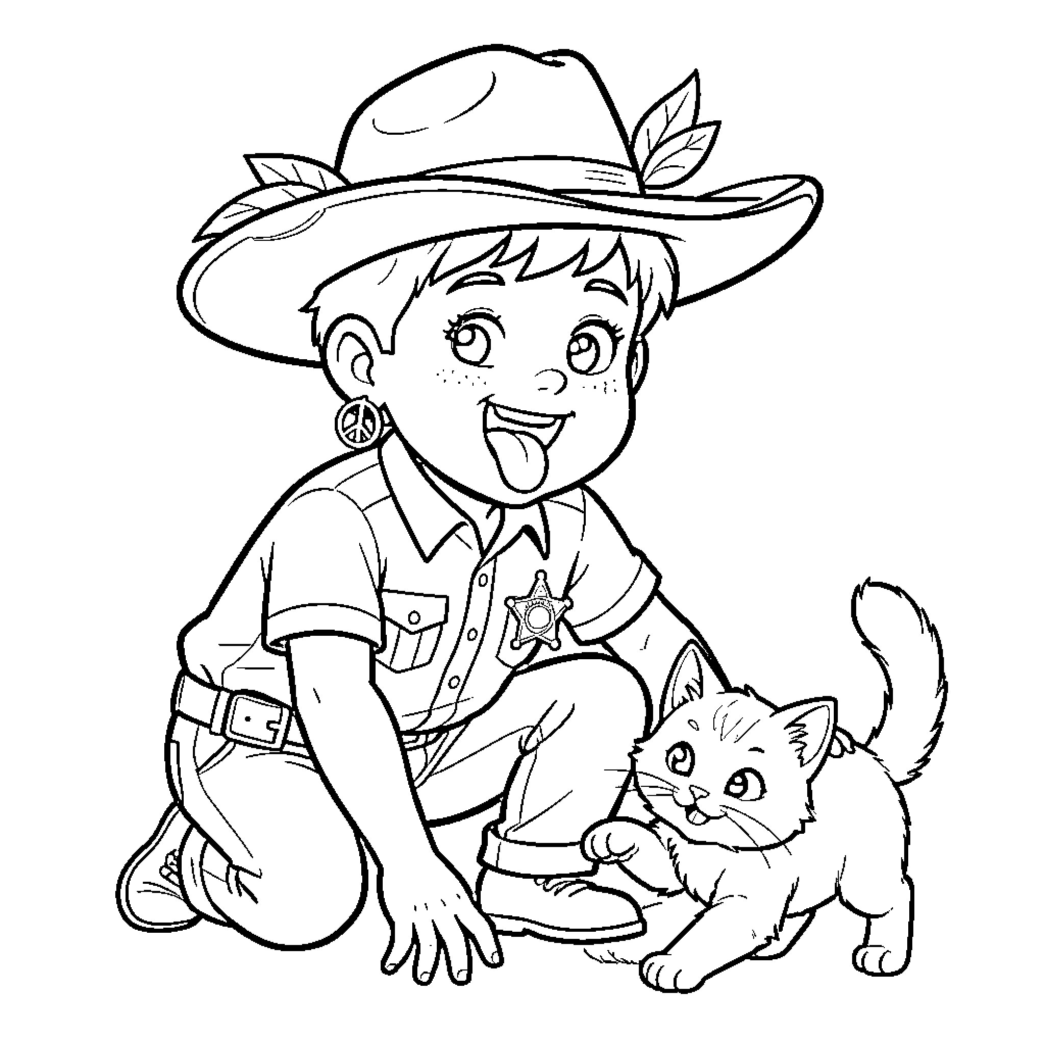 Niño as cheerful park ranger playing with kitten Coloring Page (free black-and-white line drawing printable PDF for all, from beginners to advanced learners, including children, teens, adults, and seniors)