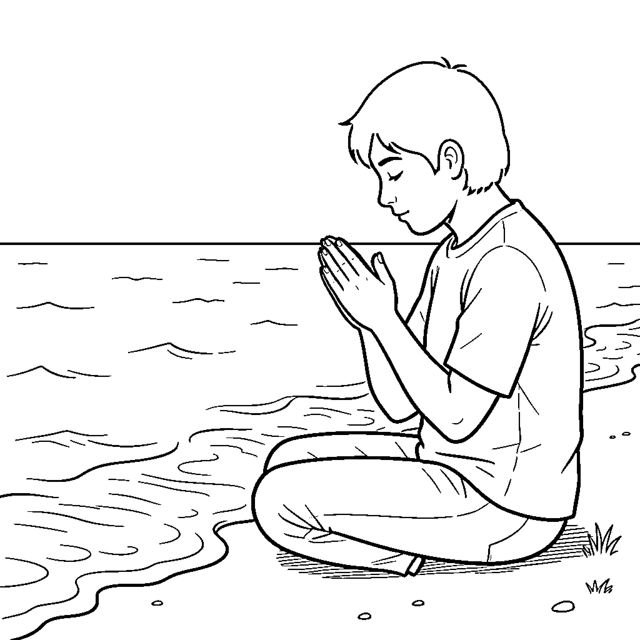 Prayer of a young boy by the water Coloring Page (free black-and-white line drawing printable PDF for all, from beginners to advanced learners, including children, teens, adults, and seniors)