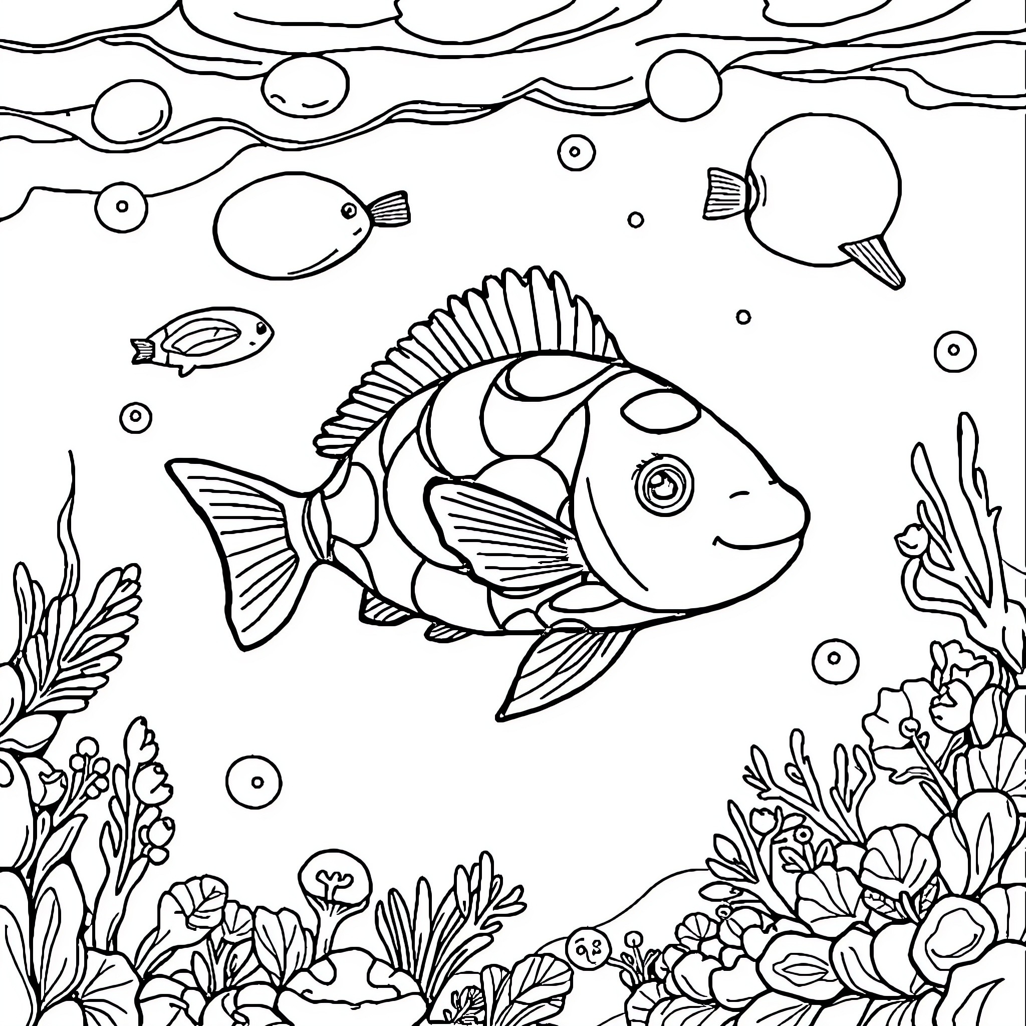 Ocean life in black and white Coloring Page (free black-and-white line drawing printable PDF for all, from beginners to advanced learners, including children, teens, adults, and seniors)