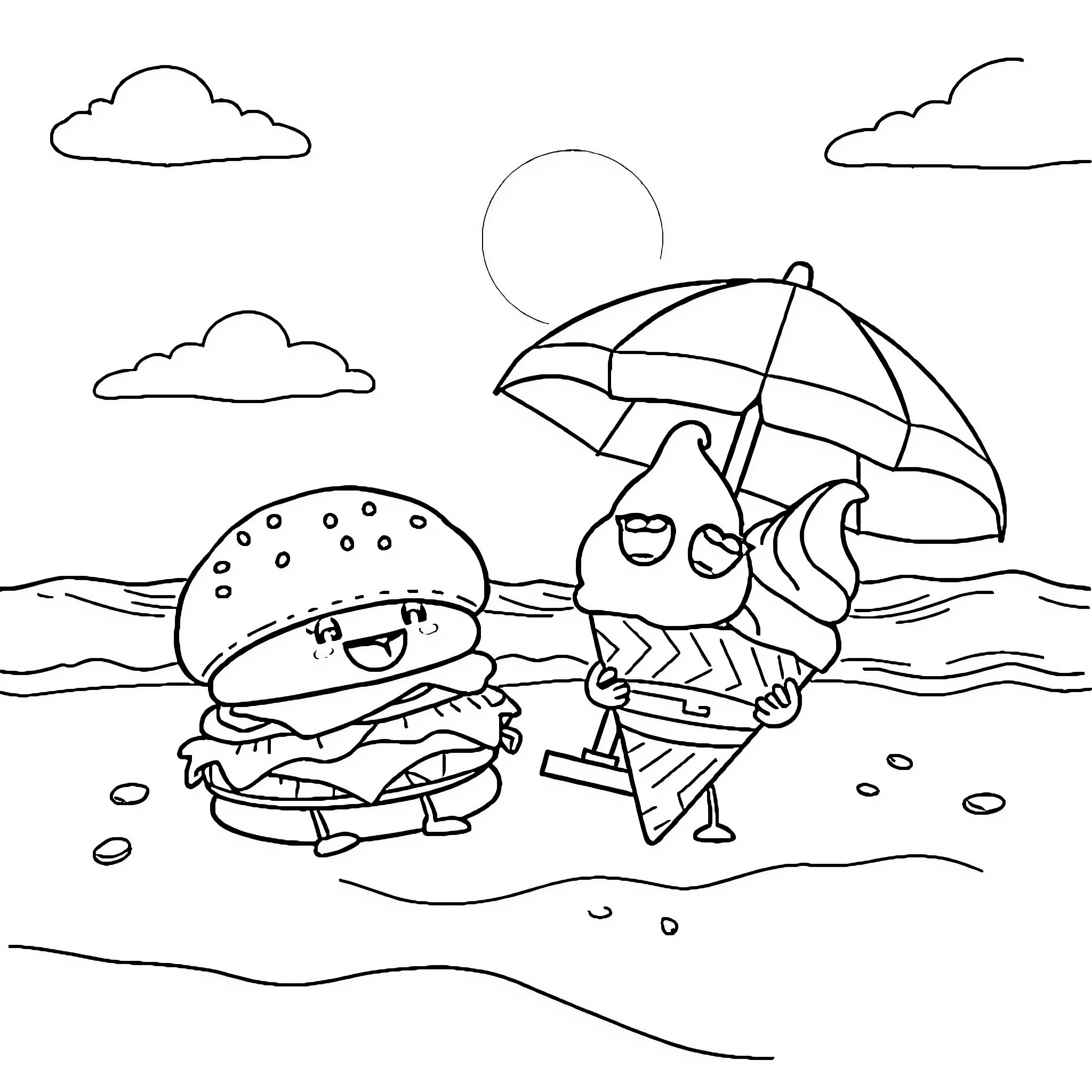Food friends enjoy sunny beach day Coloring Page (free black-and-white line drawing printable PDF for all, from beginners to advanced learners, including children, teens, adults, and seniors)