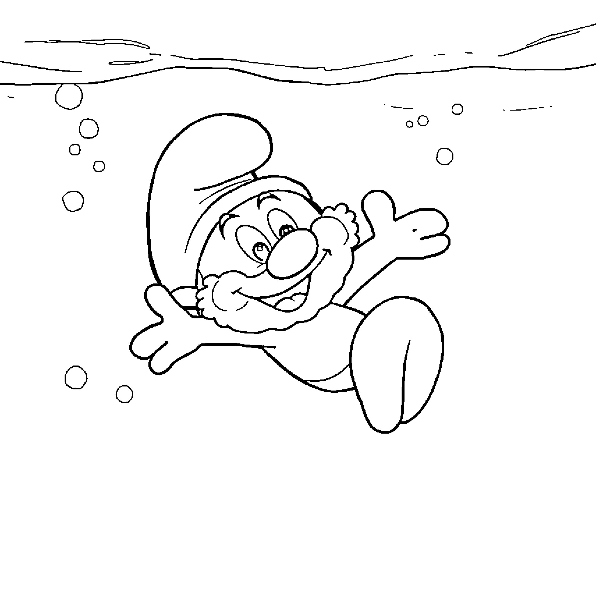 Smurf playing happily underwater Coloring Page (free black-and-white line drawing printable PDF for all, from beginners to advanced learners, including children, teens, adults, and seniors)