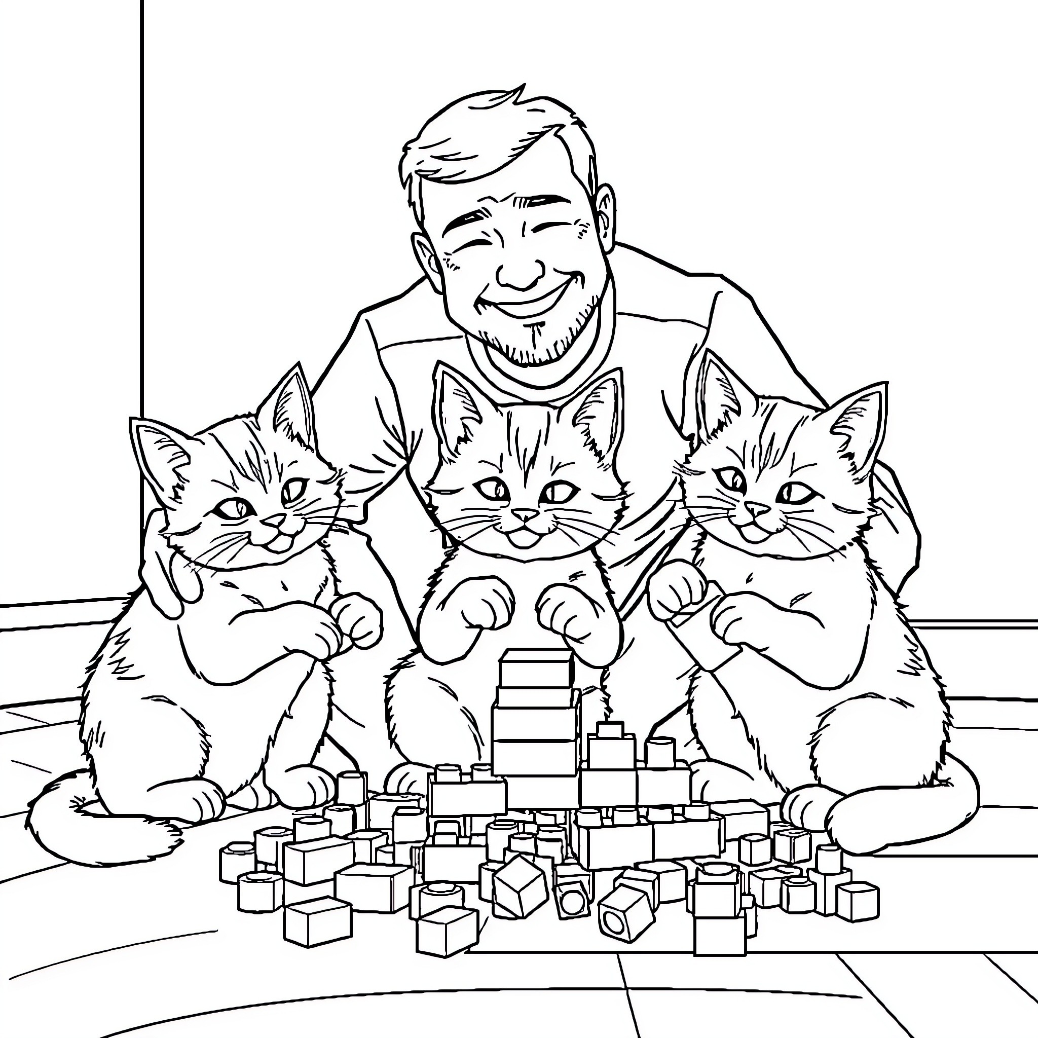 Cat and owner playing with toys together Coloring Page (free black-and-white line drawing printable PDF for all, from beginners to advanced learners, including children, teens, adults, and seniors)