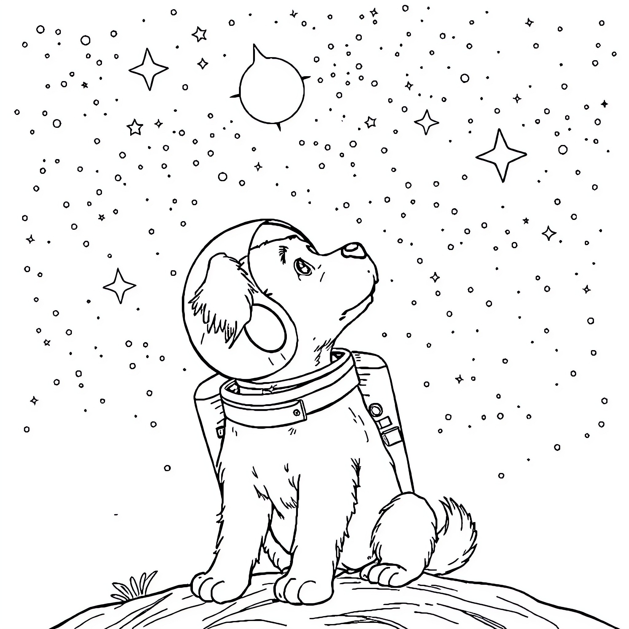Dog in Space Suit Exploring Starry Skies Coloring Page (free black-and-white line drawing printable PDF for all, from beginners to advanced learners, including children, teens, adults, and seniors)