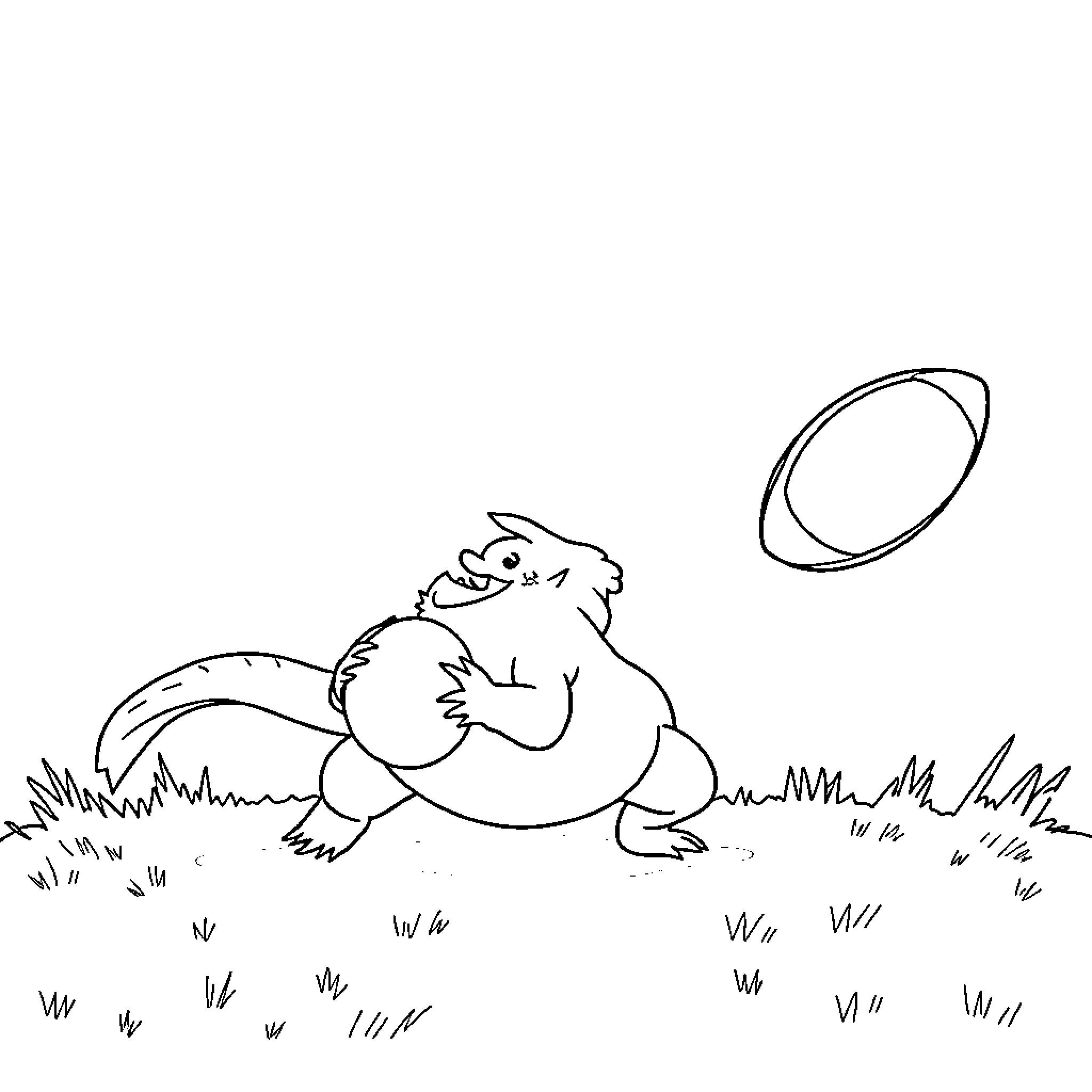 Axolotl playing playfully with ball in grassy field Coloring Page (free black-and-white line drawing printable PDF for all, from beginners to advanced learners, including children, teens, adults, and seniors)
