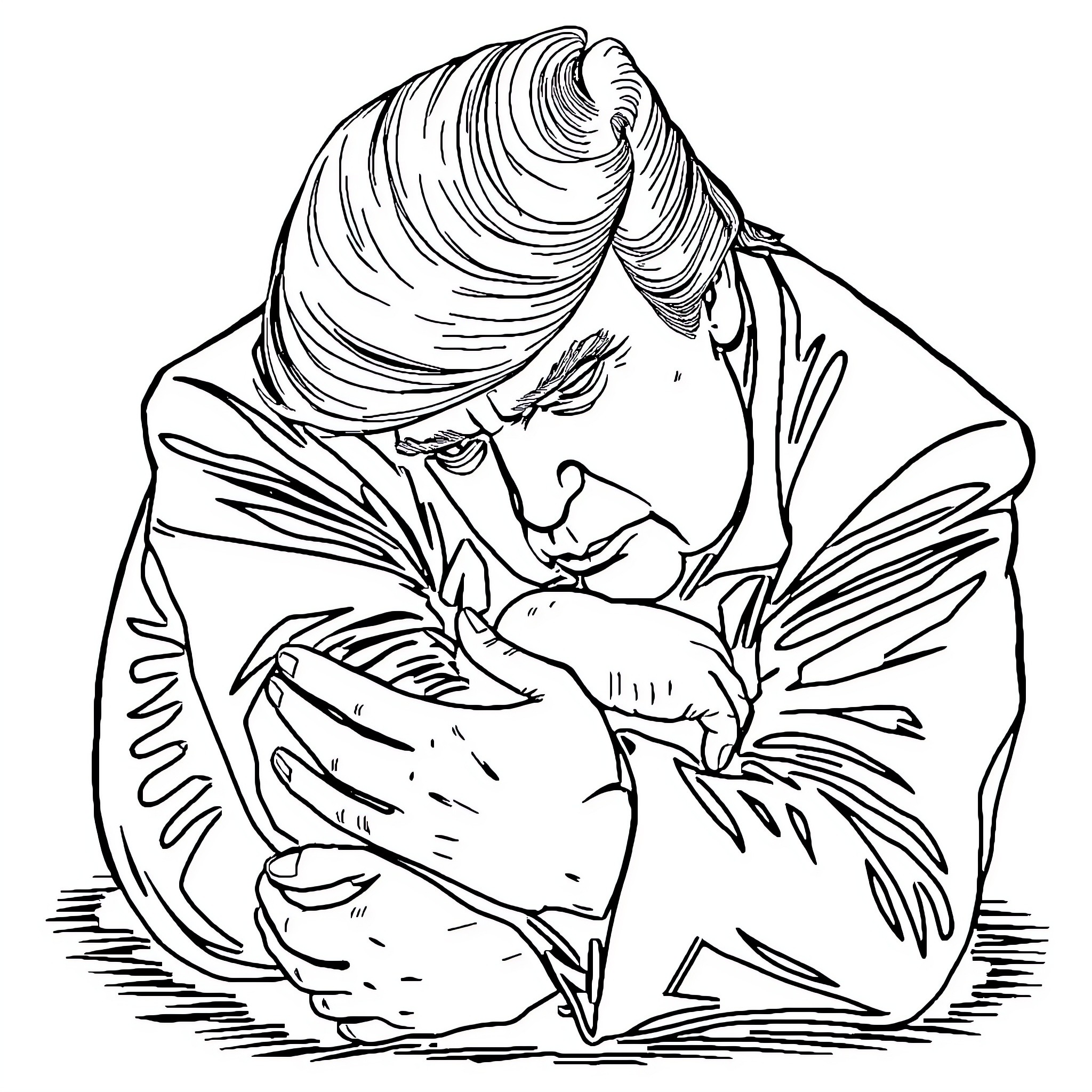 Donald Trump Contemplating a Decorative Feather Coloring Page (free black-and-white line drawing printable PDF for all, from beginners to advanced learners, including children, teens, adults, and seniors)