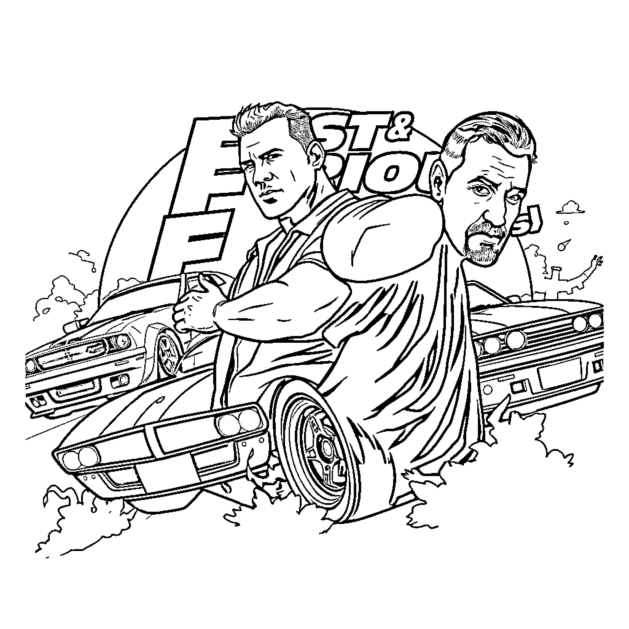 Fast and Furious Action-Packed Automotive Adventure Coloring Page (free black-and-white line drawing printable PDF for all, from beginners to advanced learners, including children, teens, adults, and seniors)
