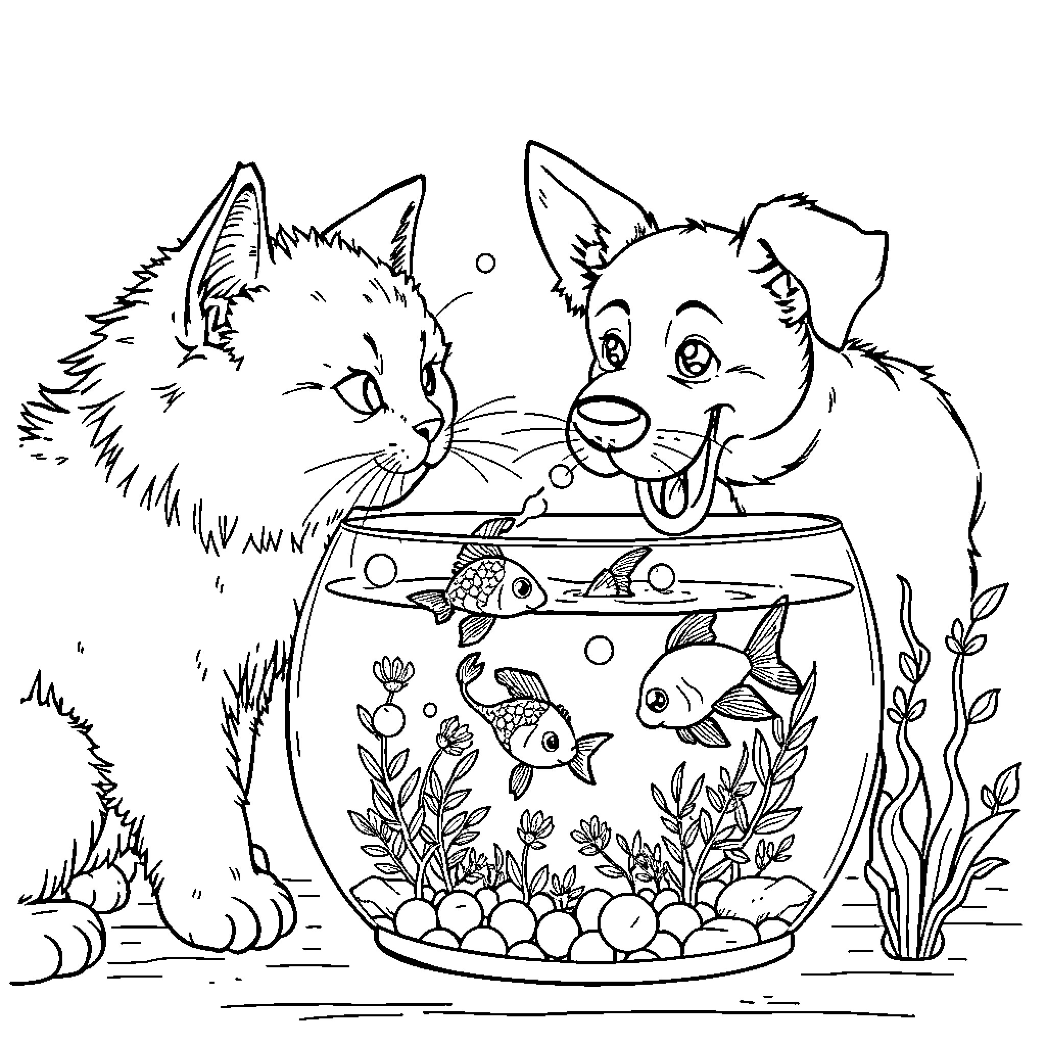 Cat and Dog Watching Fish in Aquarium Coloring Page (free black-and-white line drawing printable PDF for all, from beginners to advanced learners, including children, teens, adults, and seniors)