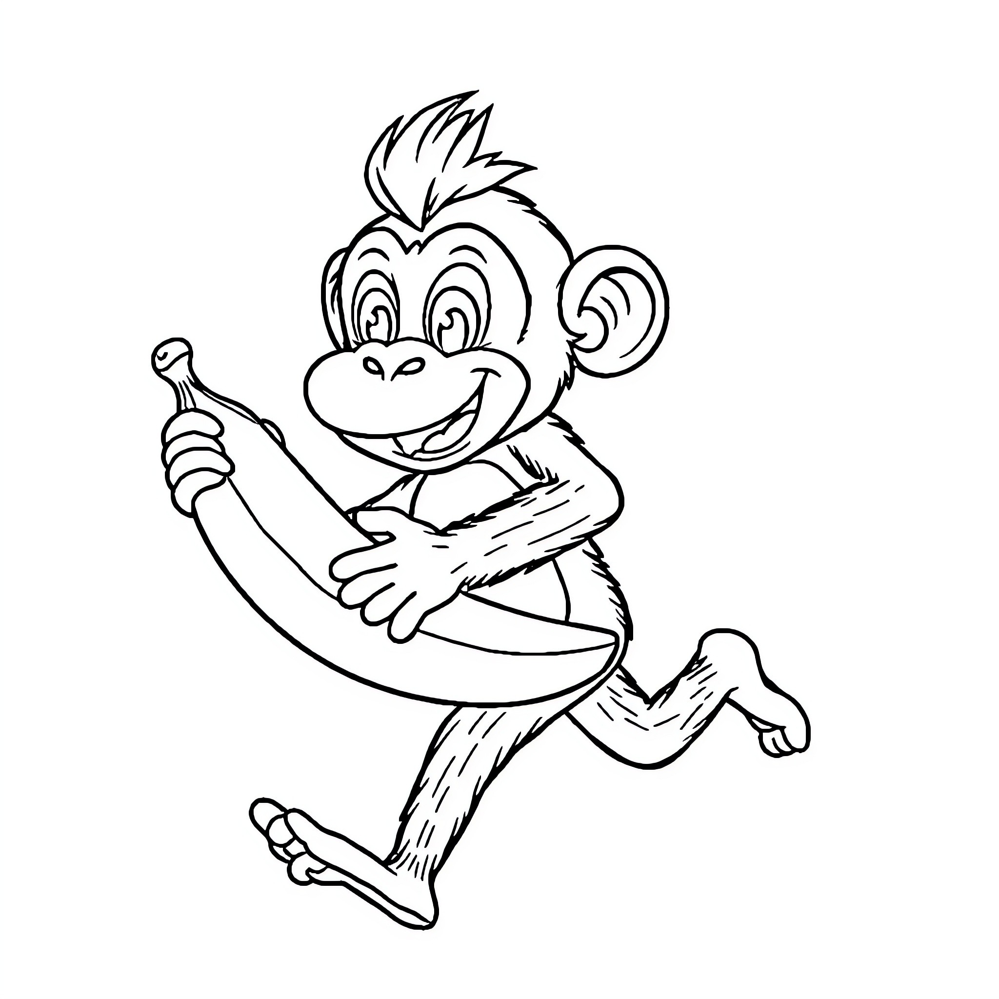Chimp happily playing with banana Coloring Page (free black-and-white line drawing printable PDF for all, from beginners to advanced learners, including children, teens, adults, and seniors)