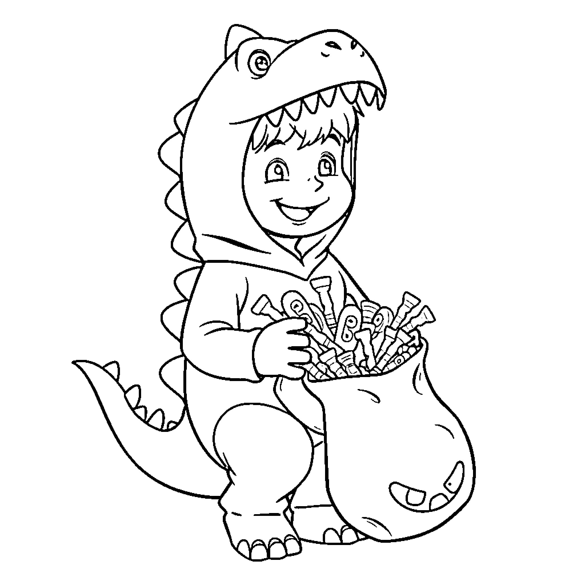 Boy in dinosaur costume holding bag of candy Coloring Page (free black-and-white line drawing printable PDF for all, from beginners to advanced learners, including children, teens, adults, and seniors)