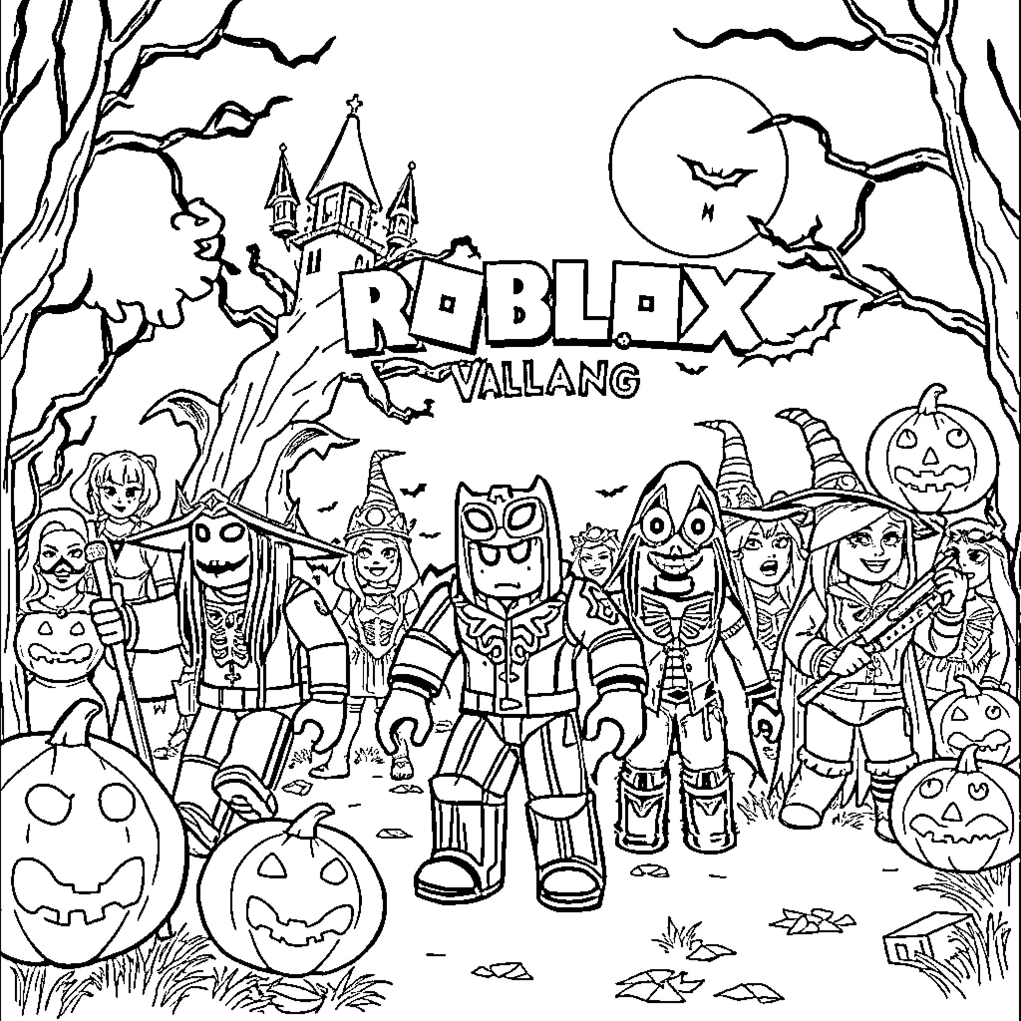 Roblox Characters in Spooky Halloween Scene Coloring Page (free black-and-white line drawing printable PDF for all, from beginners to advanced learners, including children, teens, adults, and seniors)