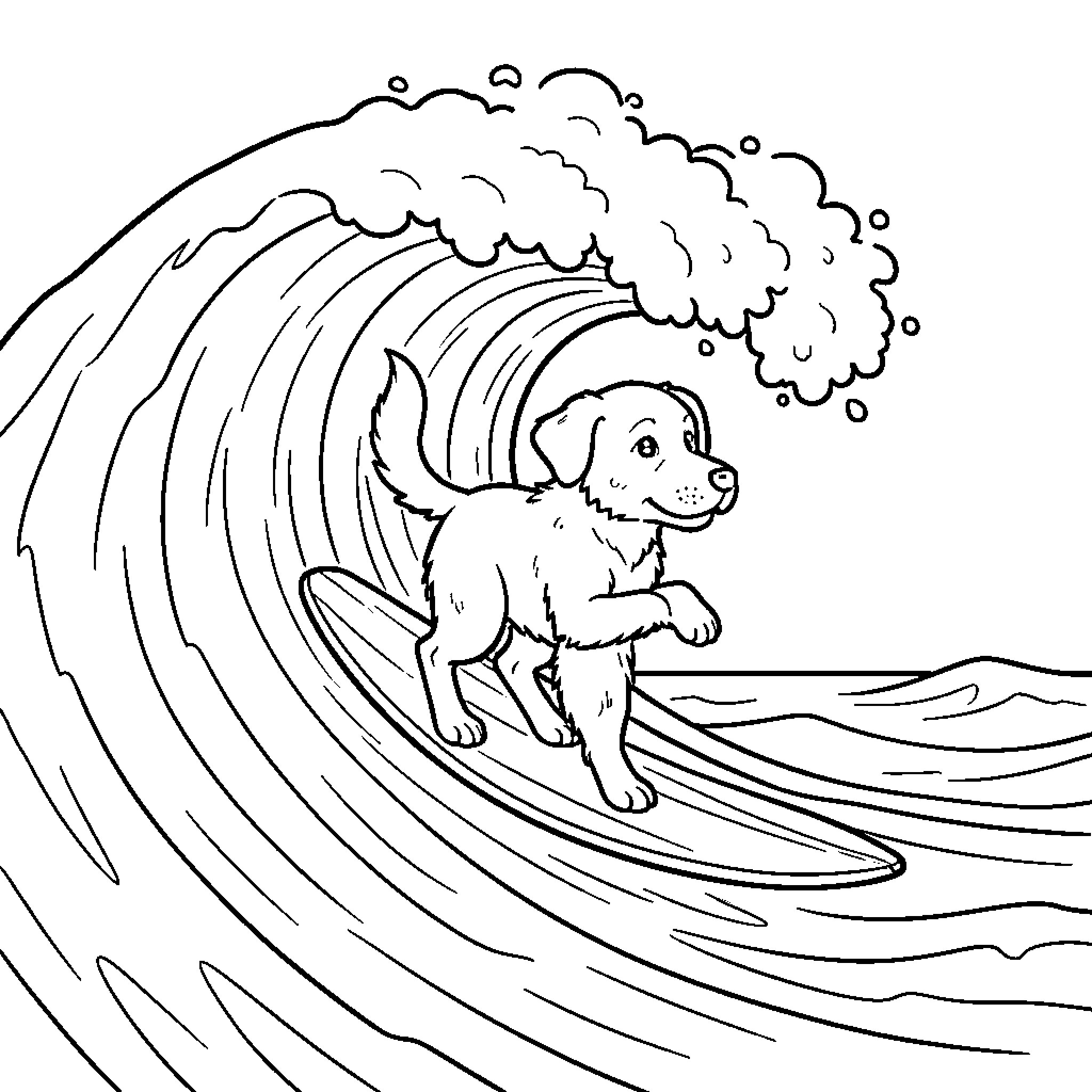 Dog surfing on a large ocean wave Coloring Page (free black-and-white line drawing printable PDF for all, from beginners to advanced learners, including children, teens, adults, and seniors)