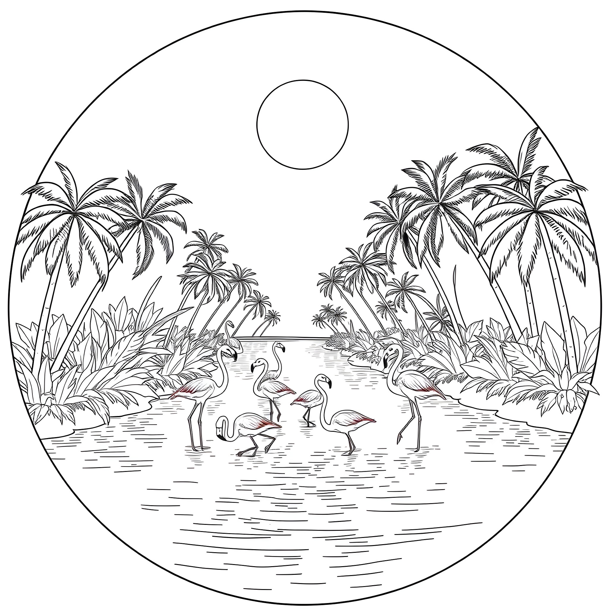 Flamingos wading in a tropical lagoon Coloring Page (free black-and-white line drawing printable PDF for all, from beginners to advanced learners, including children, teens, adults, and seniors)