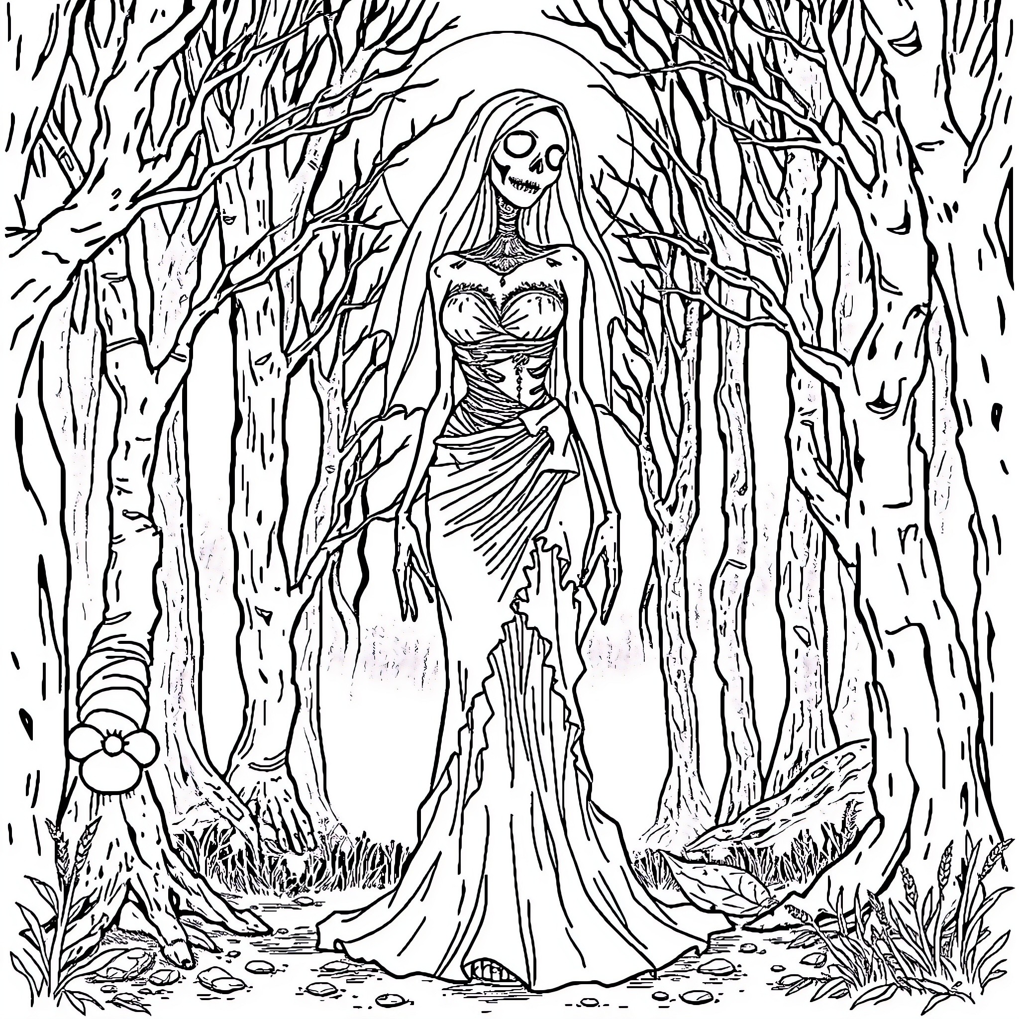Corpse Bride in Haunting Forest Landscape Coloring Page (free black-and-white line drawing printable PDF for all, from beginners to advanced learners, including children, teens, adults, and seniors)