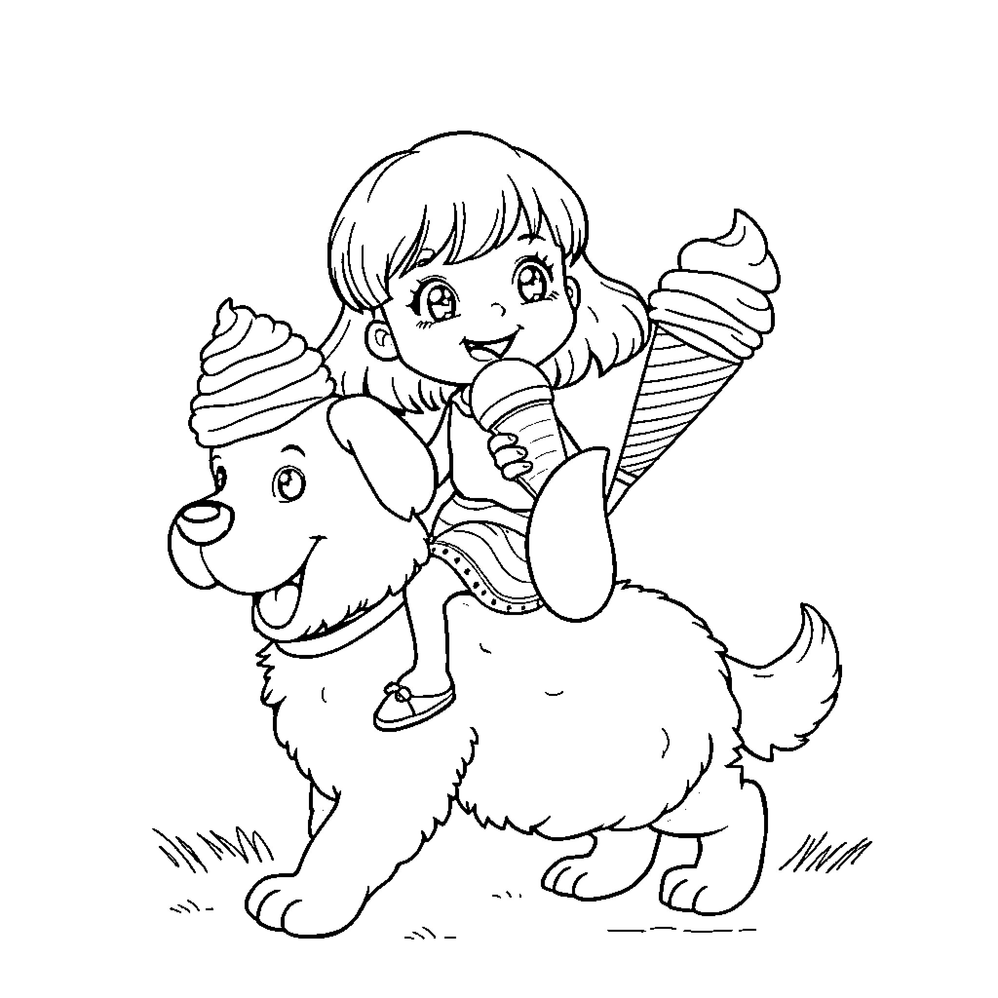 Girl happily riding a dog with ice cream Coloring Page (free black-and-white line drawing printable PDF for all, from beginners to advanced learners, including children, teens, adults, and seniors)