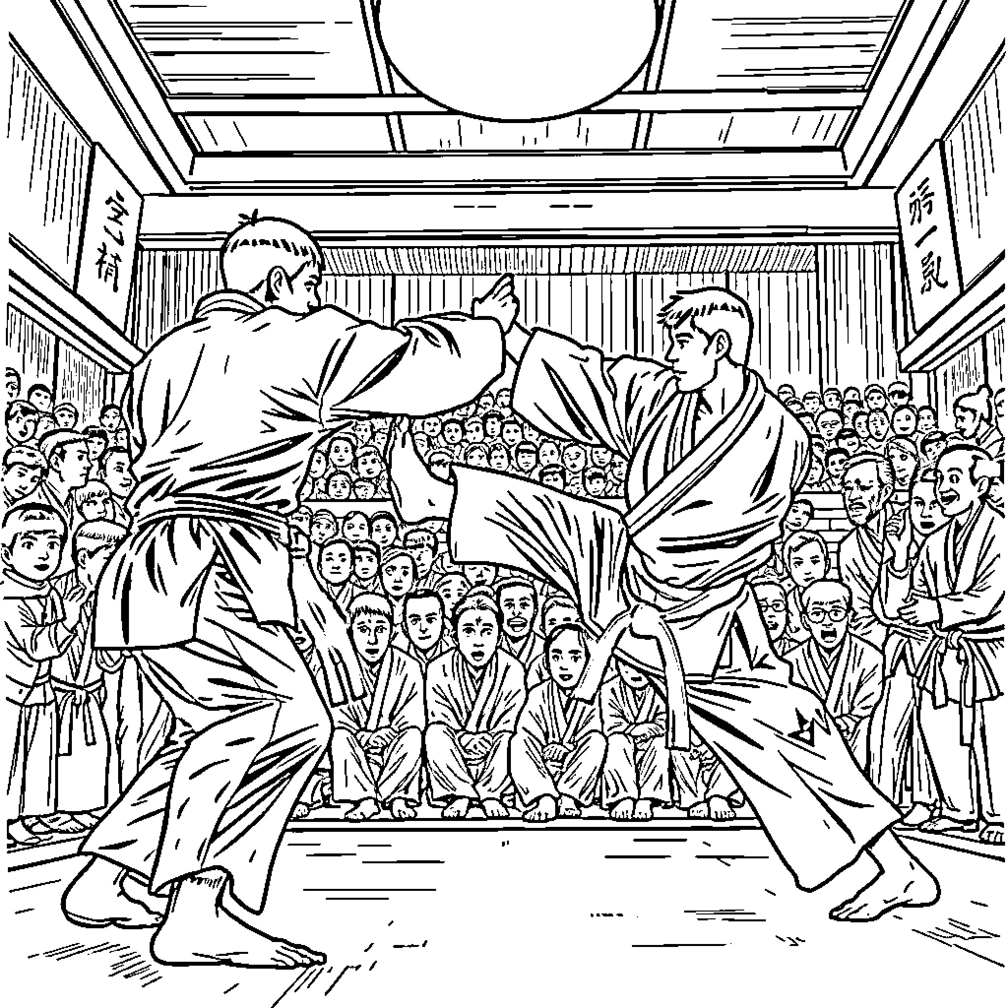 Karate match in a crowded dojo Coloring Page (free black-and-white line drawing printable PDF for all, from beginners to advanced learners, including children, teens, adults, and seniors)