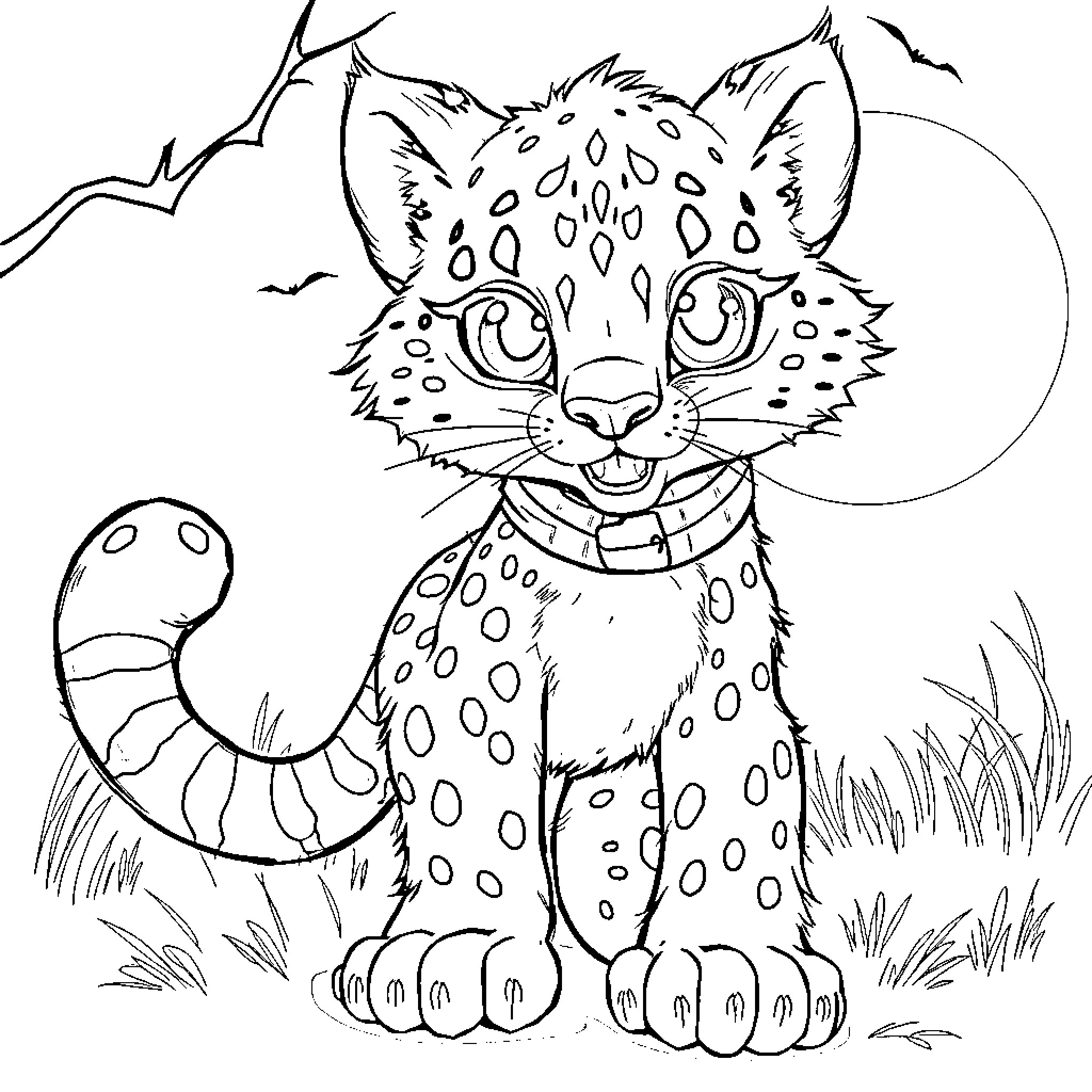 Snow Leopard in Moonlit Meadow Coloring Page (free black-and-white line drawing printable PDF for all, from beginners to advanced learners, including children, teens, adults, and seniors)