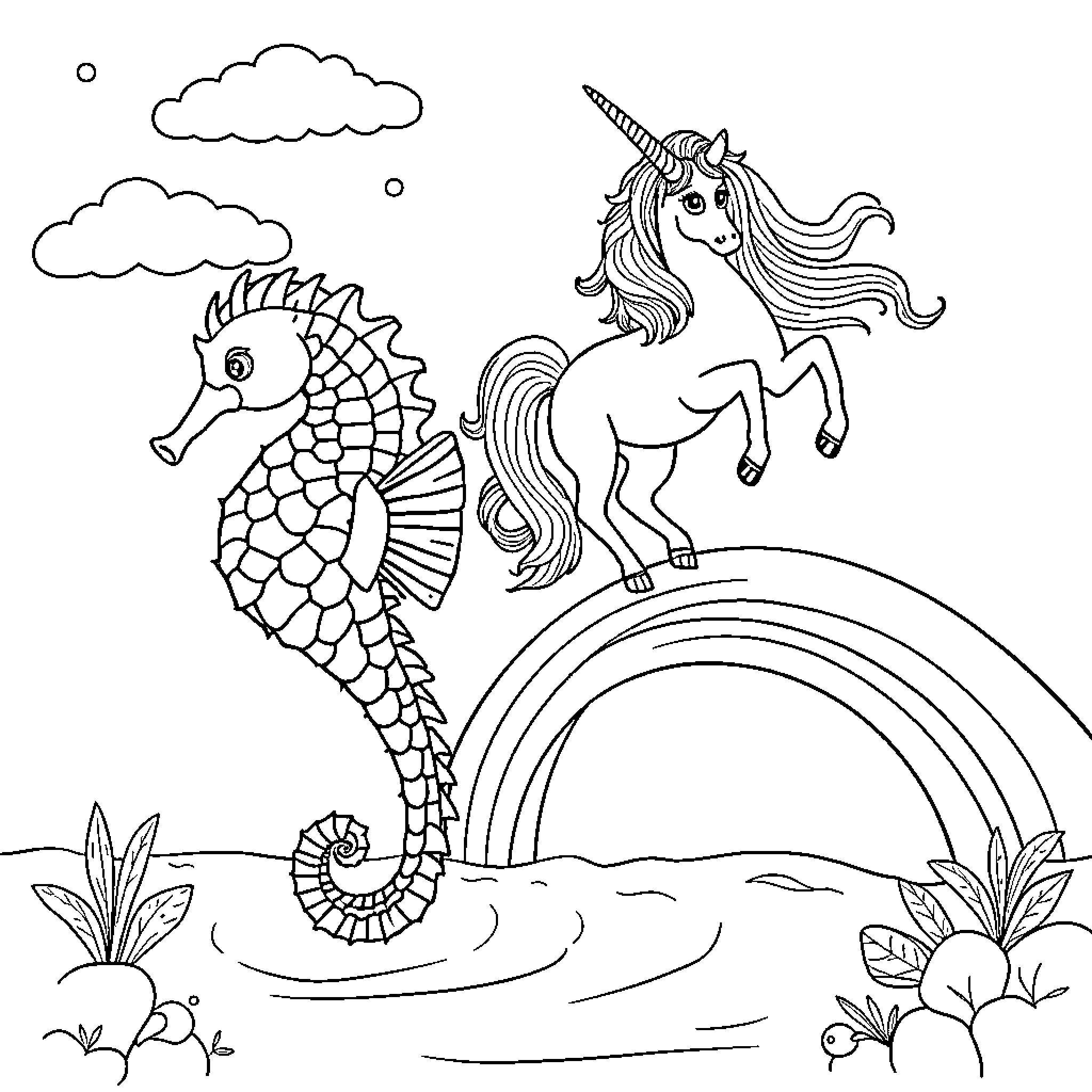 Seahorse and Unicorn Exploring Magical Landscape Coloring Page (free black-and-white line drawing printable PDF for all, from beginners to advanced learners, including children, teens, adults, and seniors)