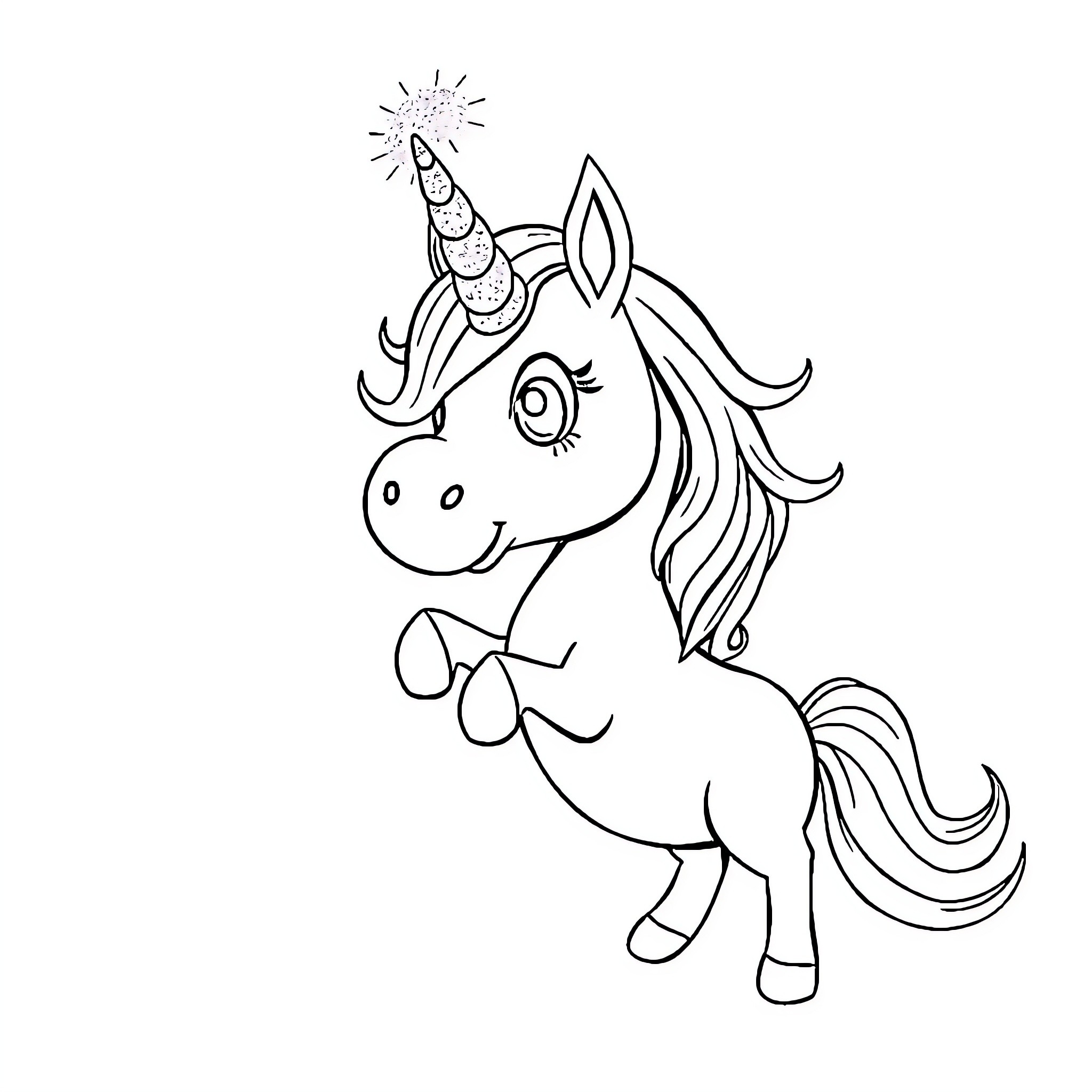 Unicorn with Sparkling Horn Gazing Happily Coloring Page (free black-and-white line drawing printable PDF for all, from beginners to advanced learners, including children, teens, adults, and seniors)
