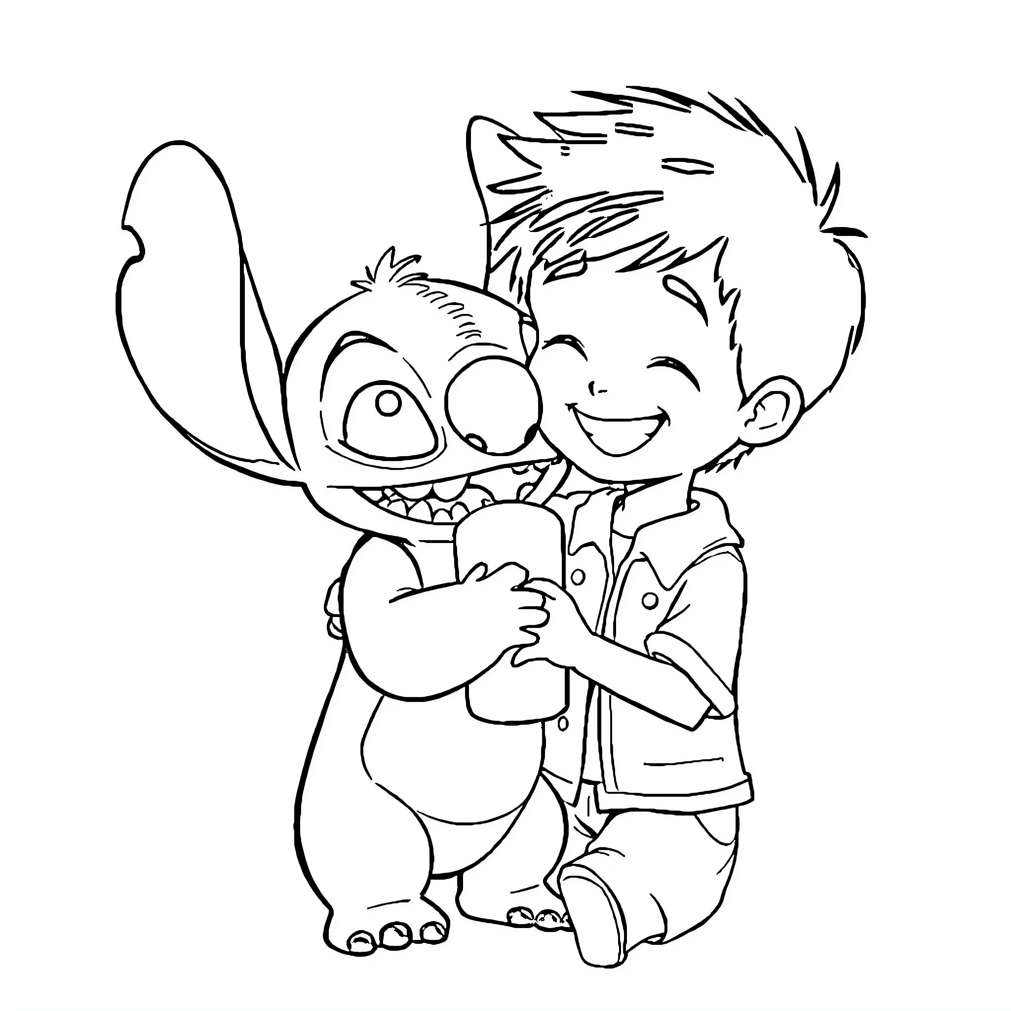 Stitch hugging a joyful young boy Coloring Page (free black-and-white line drawing printable PDF for all, from beginners to advanced learners, including children, teens, adults, and seniors)