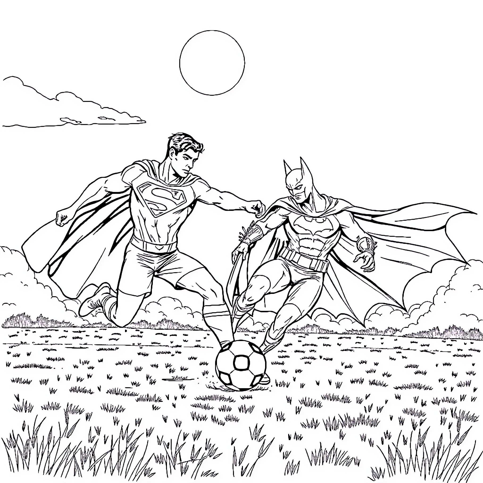 Superman and Batman playing soccer in the field Coloring Page (free black-and-white line drawing printable PDF for all, from beginners to advanced learners, including children, teens, adults, and seniors)