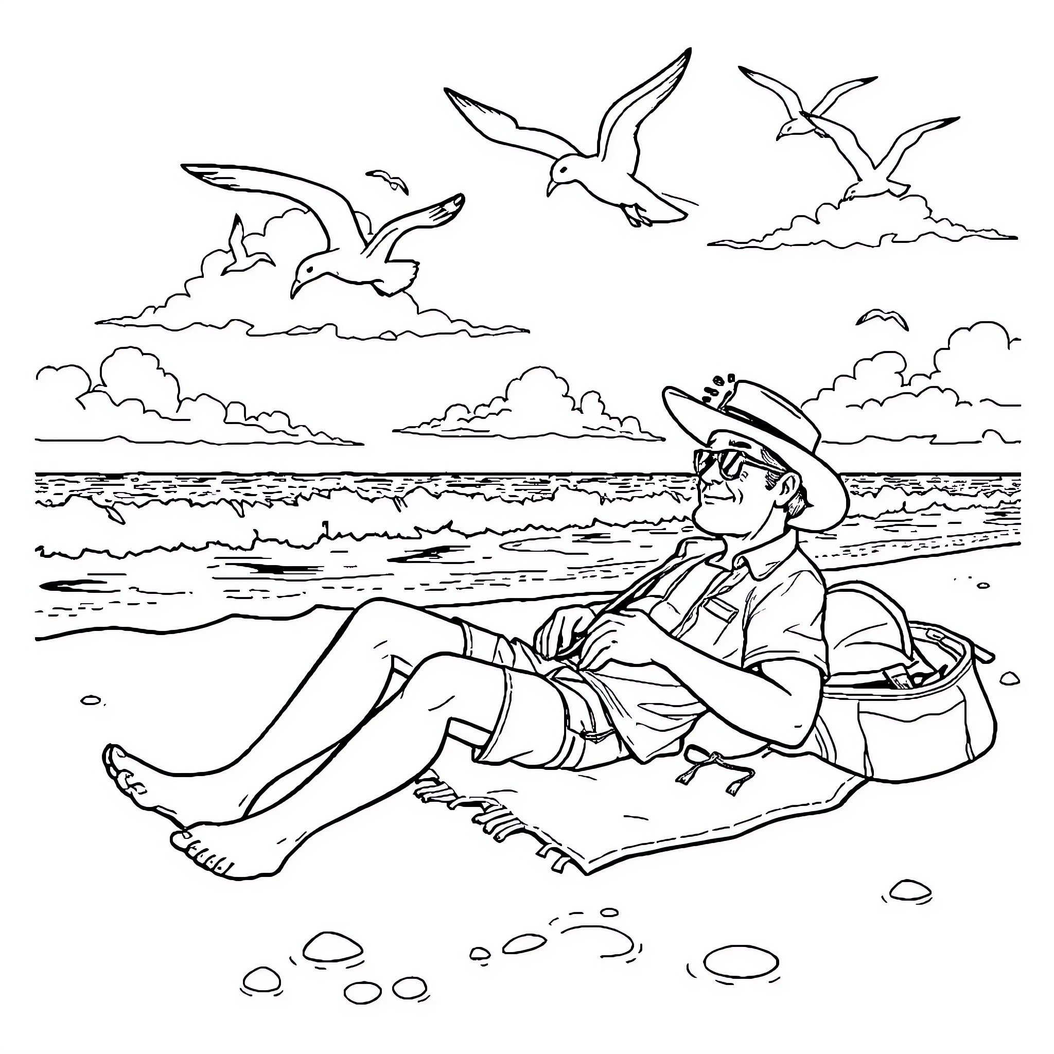 Lucky Luke relaxing on the beach with seagulls Coloring Page (free black-and-white line drawing printable PDF for all, from beginners to advanced learners, including children, teens, adults, and seniors)
