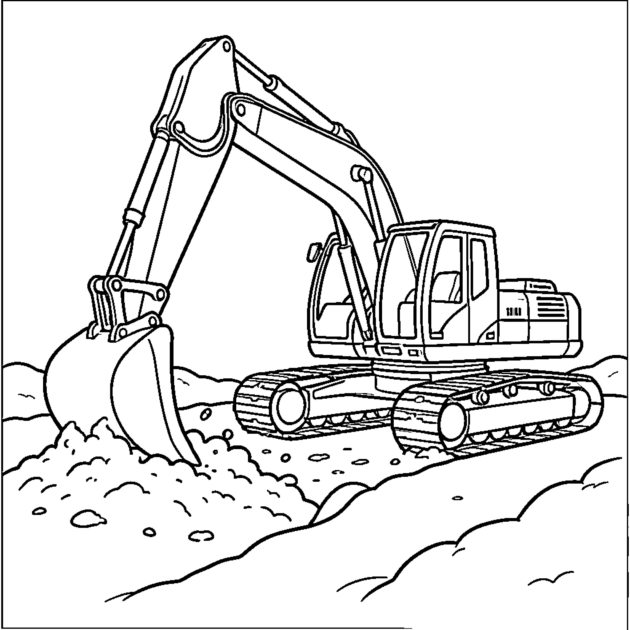 Excavator digging into a pile of dirt Coloring Page (free black-and-white line drawing printable PDF for all, from beginners to advanced learners, including children, teens, adults, and seniors)