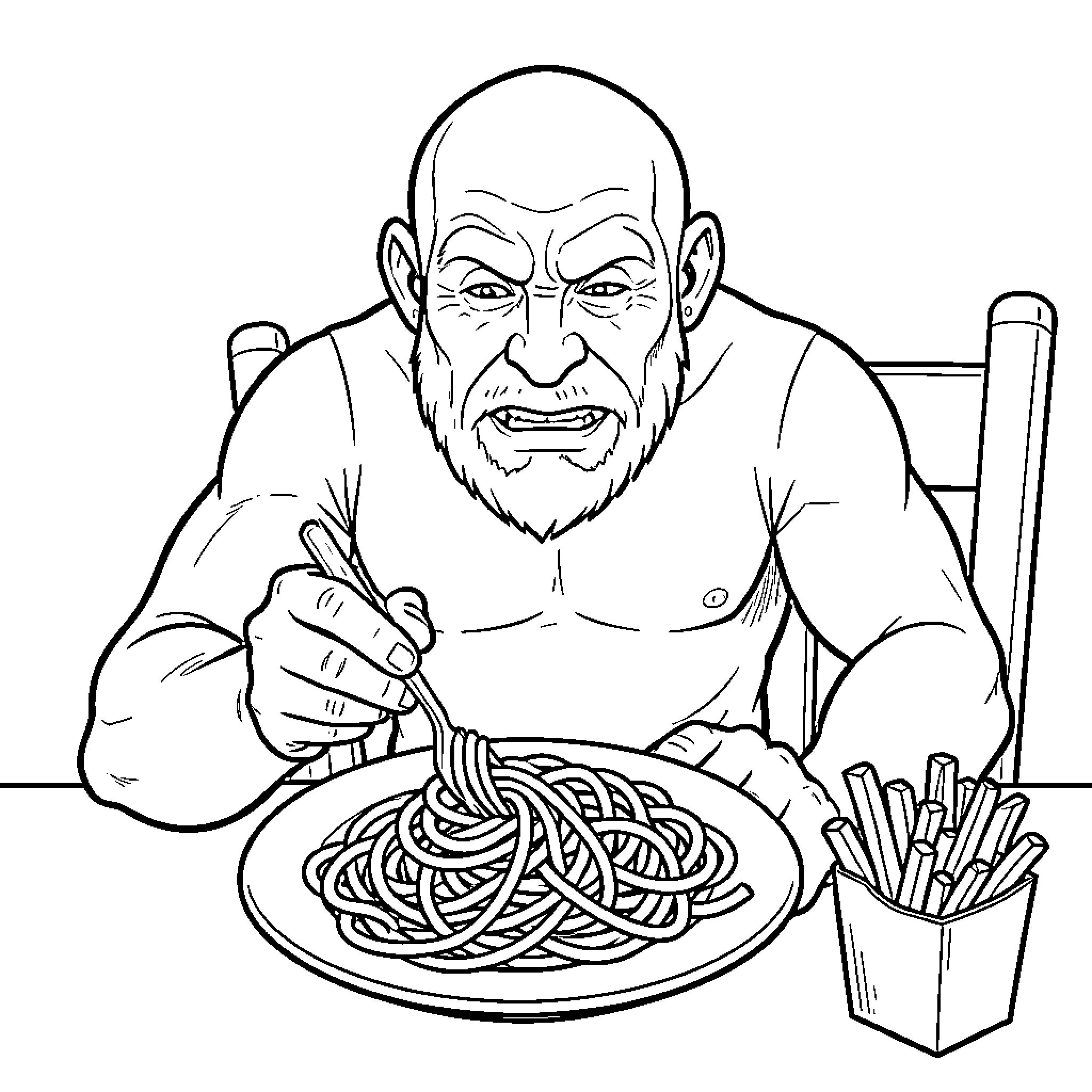 Angoliath eating spaghetti and fries with a fierce expression Coloring Page (free black-and-white line drawing printable PDF for all, from beginners to advanced learners, including children, teens, adults, and seniors)