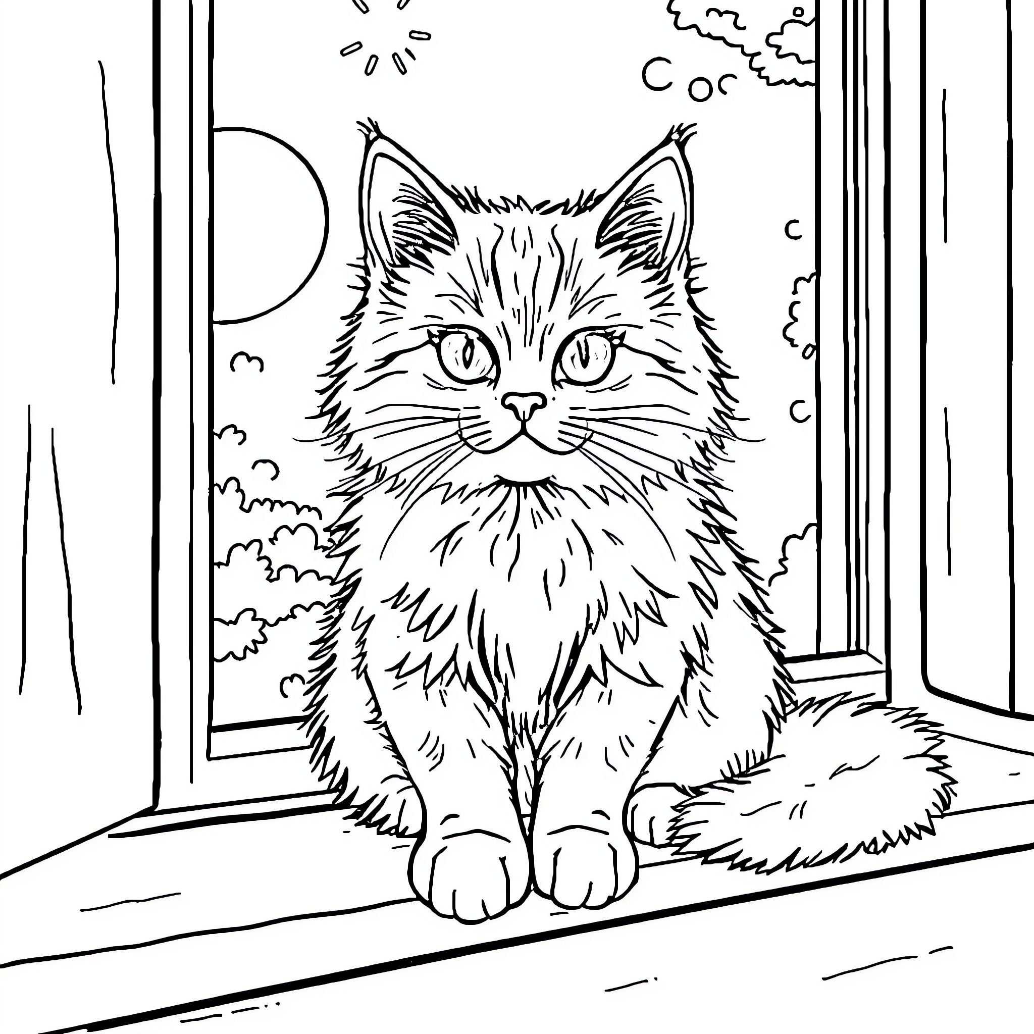 Cat gazing peacefully through window at nature Coloring Page (free black-and-white line drawing printable PDF for all, from beginners to advanced learners, including children, teens, adults, and seniors)