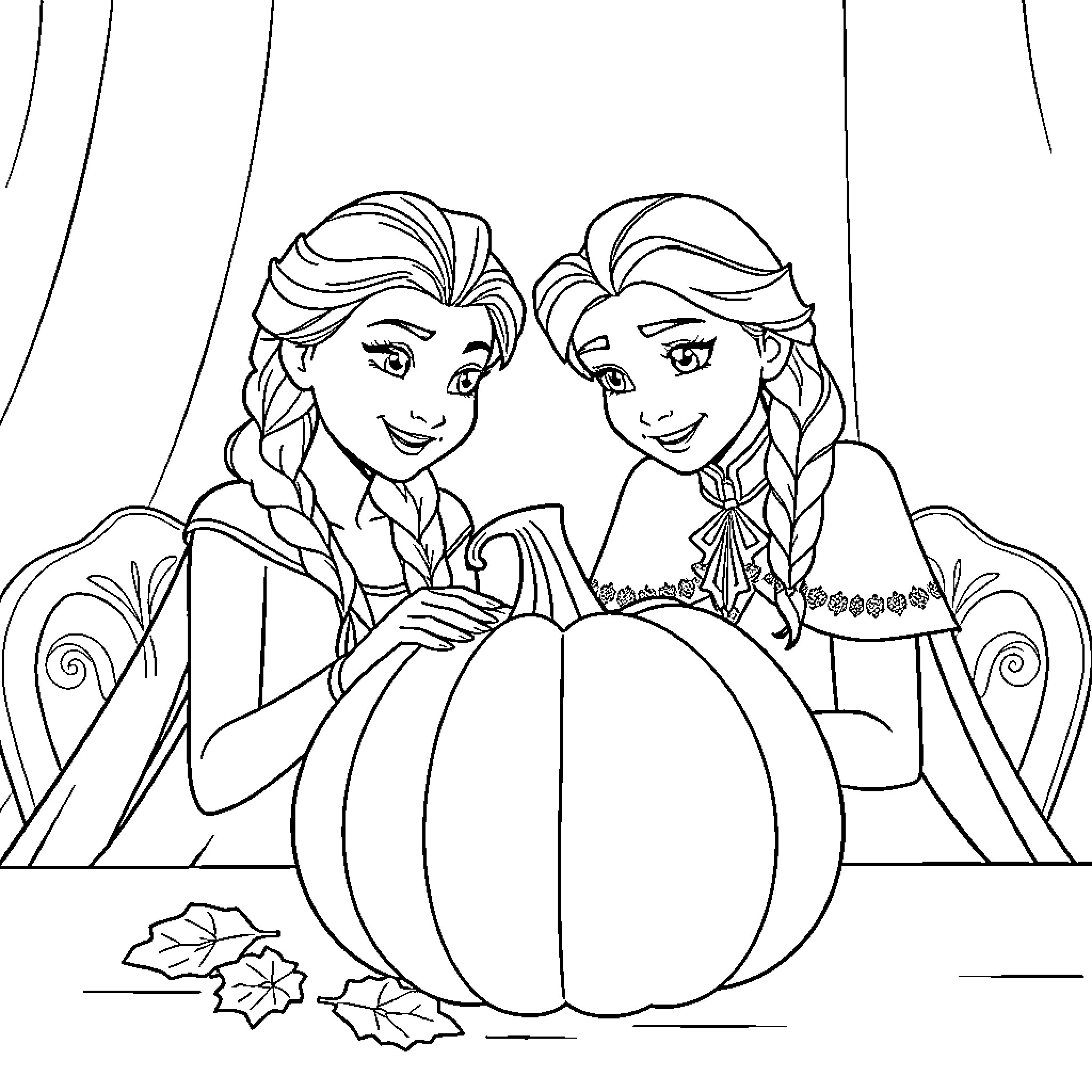 Elsa and Anna admiring a pumpkin Coloring Page (free black-and-white line drawing printable PDF for all, from beginners to advanced learners, including children, teens, adults, and seniors)