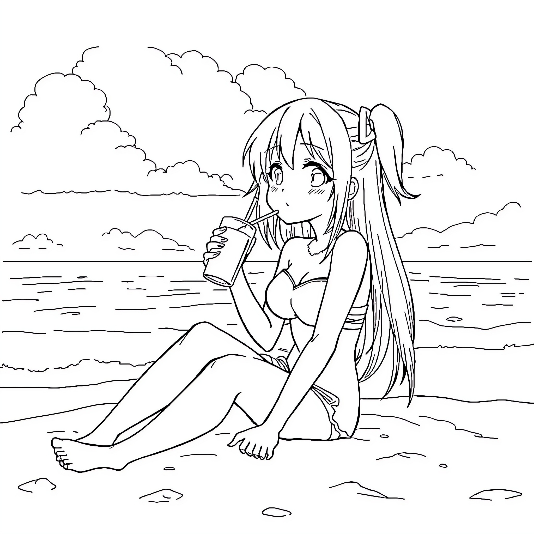Kuromi relaxing on the beach Coloring Page (free black-and-white line drawing printable PDF for all, from beginners to advanced learners, including children, teens, adults, and seniors)