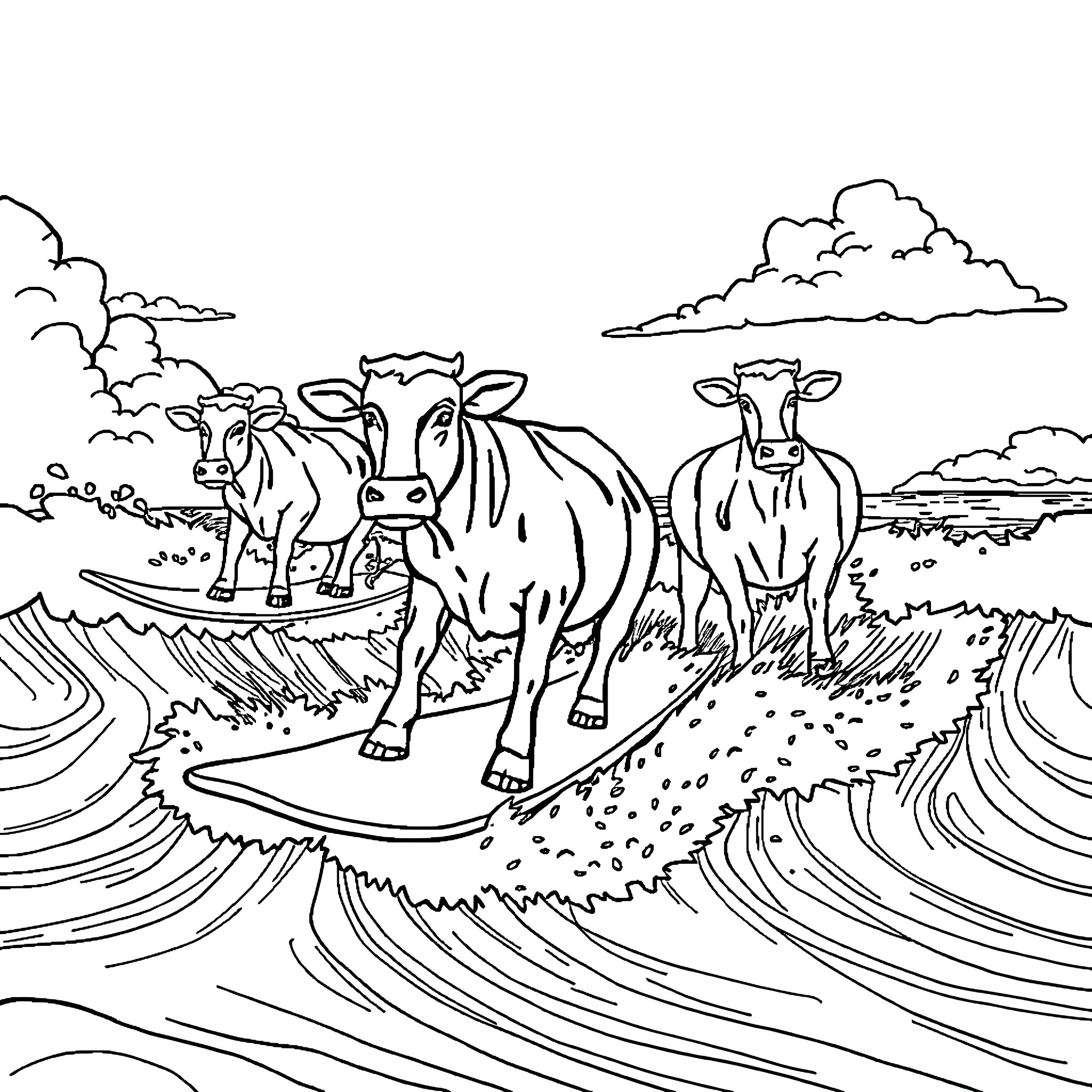 Cows grazing peacefully in the countryside Coloring Page (free black-and-white line drawing printable PDF for all, from beginners to advanced learners, including children, teens, adults, and seniors)