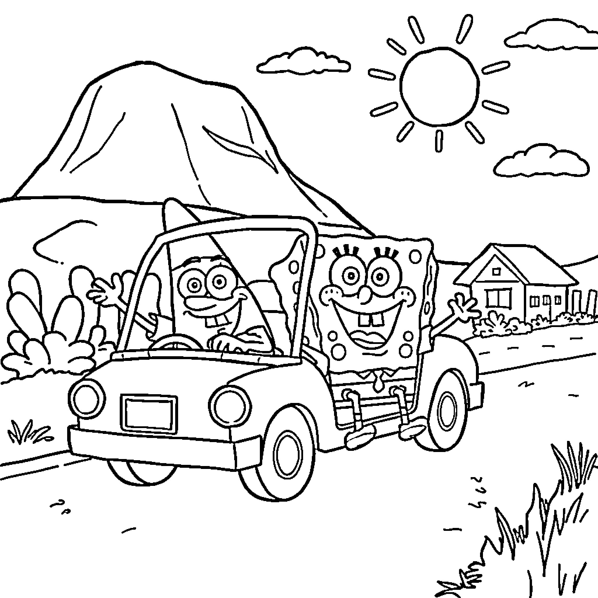 Spongebob and Patrick's Joyful Road Trip Adventure Coloring Page (free black-and-white line drawing printable PDF for all, from beginners to advanced learners, including children, teens, adults, and seniors)