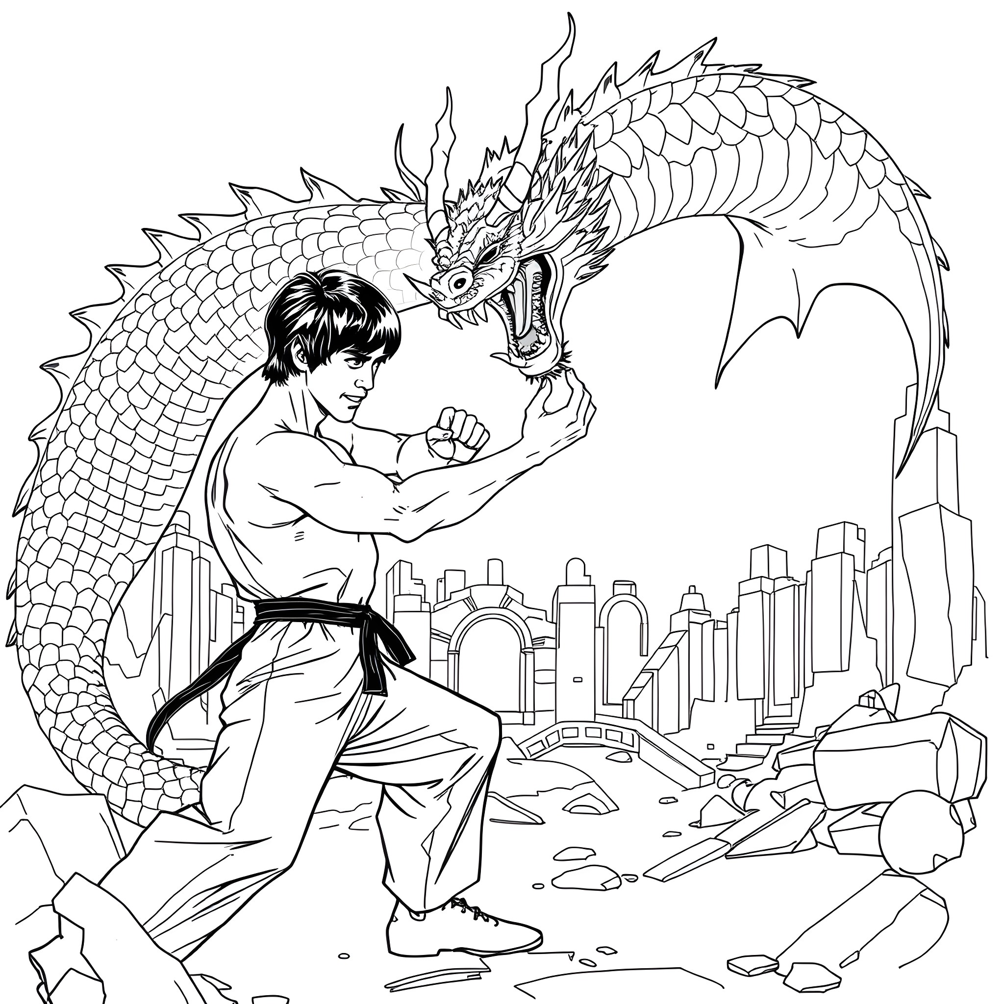 Bruce Lee in an epic battle with a powerful dragon Coloring Page (free black-and-white line drawing printable PDF for all, from beginners to advanced learners, including children, teens, adults, and seniors)