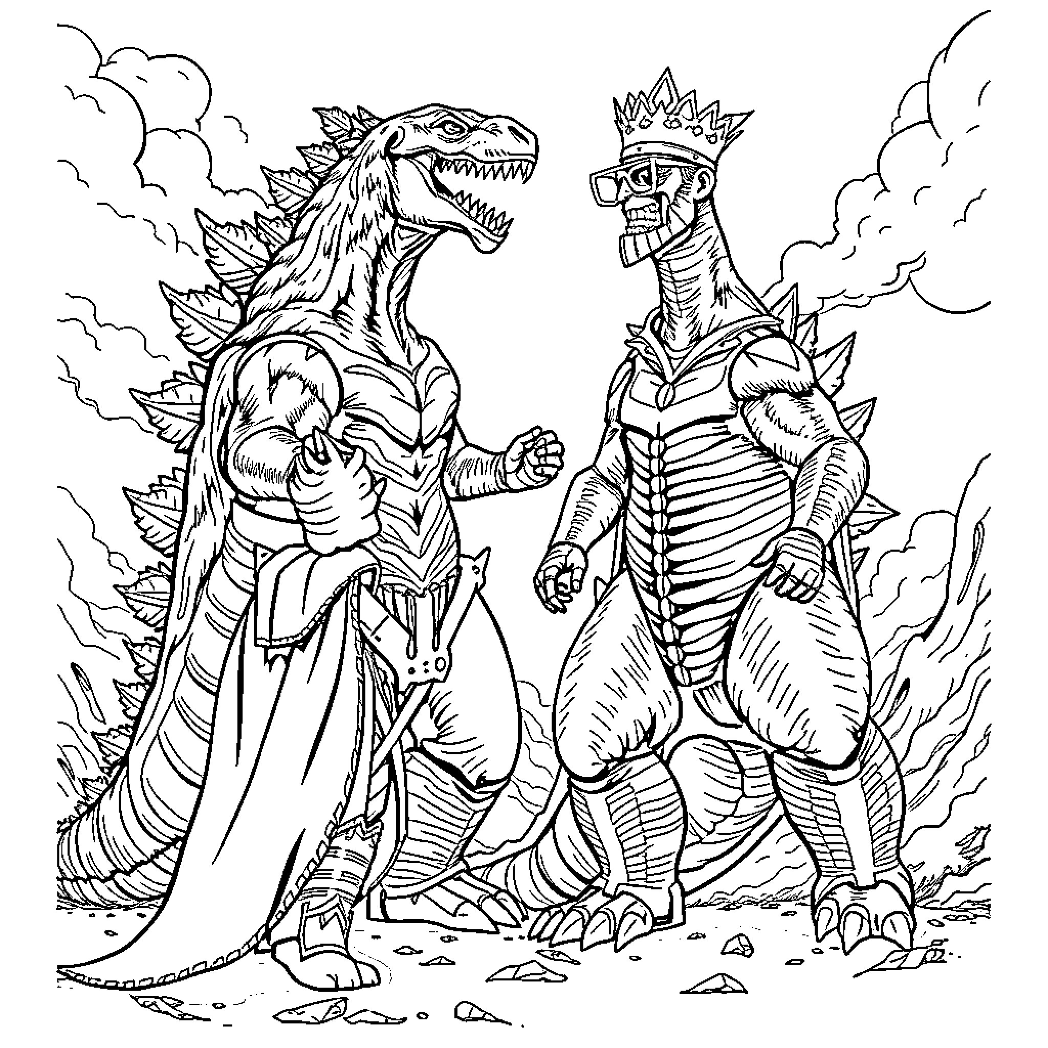 King Dinosaurs in Epic Battle Attire Coloring Page (free black-and-white line drawing printable PDF for all, from beginners to advanced learners, including children, teens, adults, and seniors)