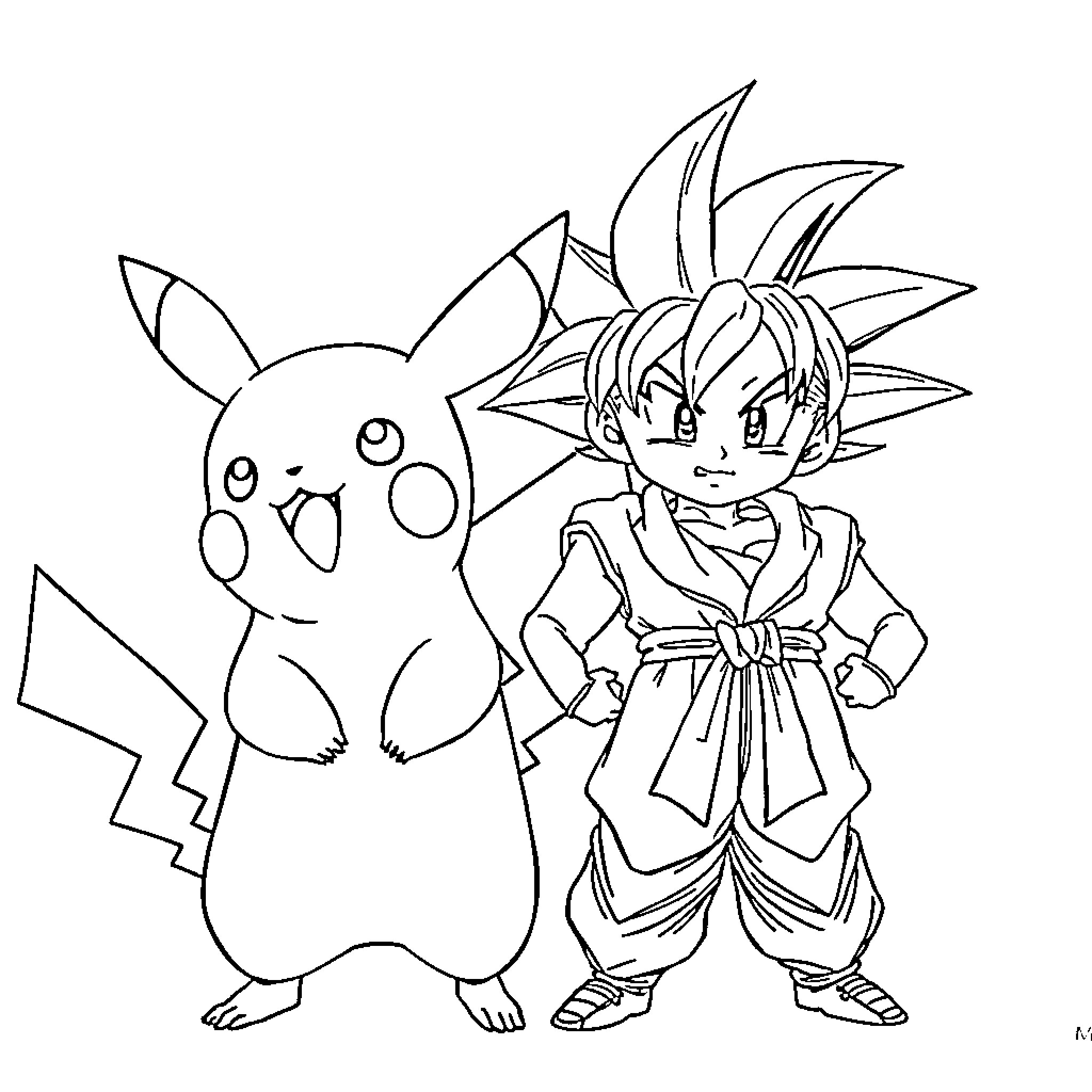 Pikachu and Goku enjoying an adventure together Coloring Page (free black-and-white line drawing printable PDF for all, from beginners to advanced learners, including children, teens, adults, and seniors)