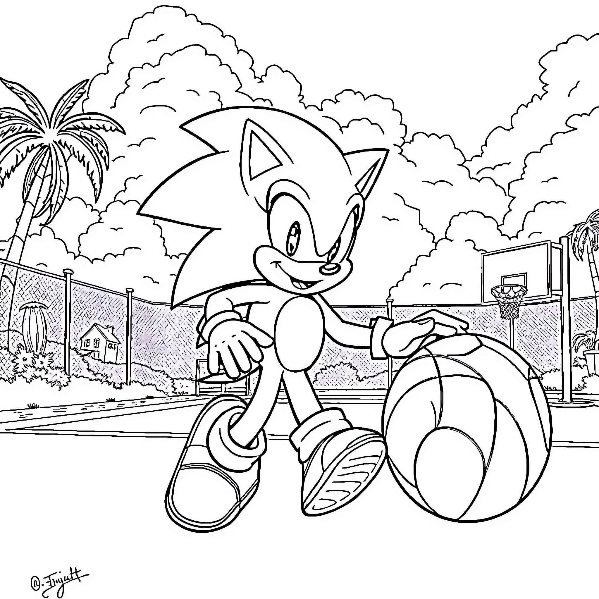 Sonic enjoying a sunny day in the park Coloring Page (free black-and-white line drawing printable PDF for all, from beginners to advanced learners, including children, teens, adults, and seniors)