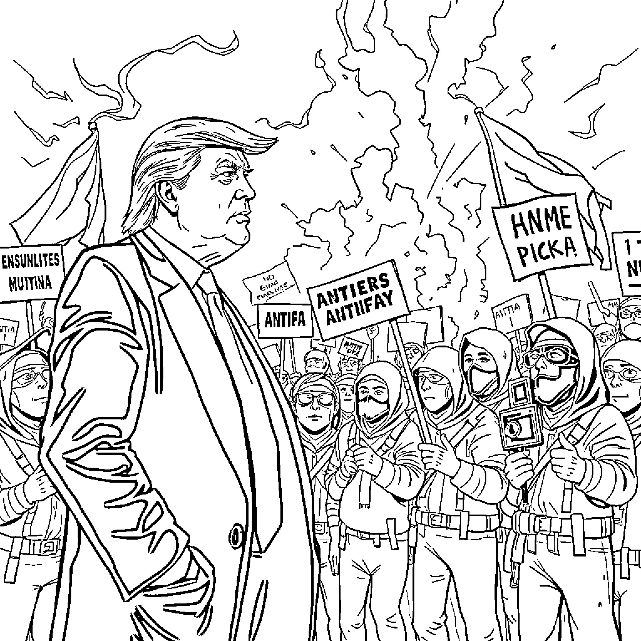 Donald Trump Addressing Protesters with Confrontational Rhetoric Coloring Page (free black-and-white line drawing printable PDF for all, from beginners to advanced learners, including children, teens, adults, and seniors)