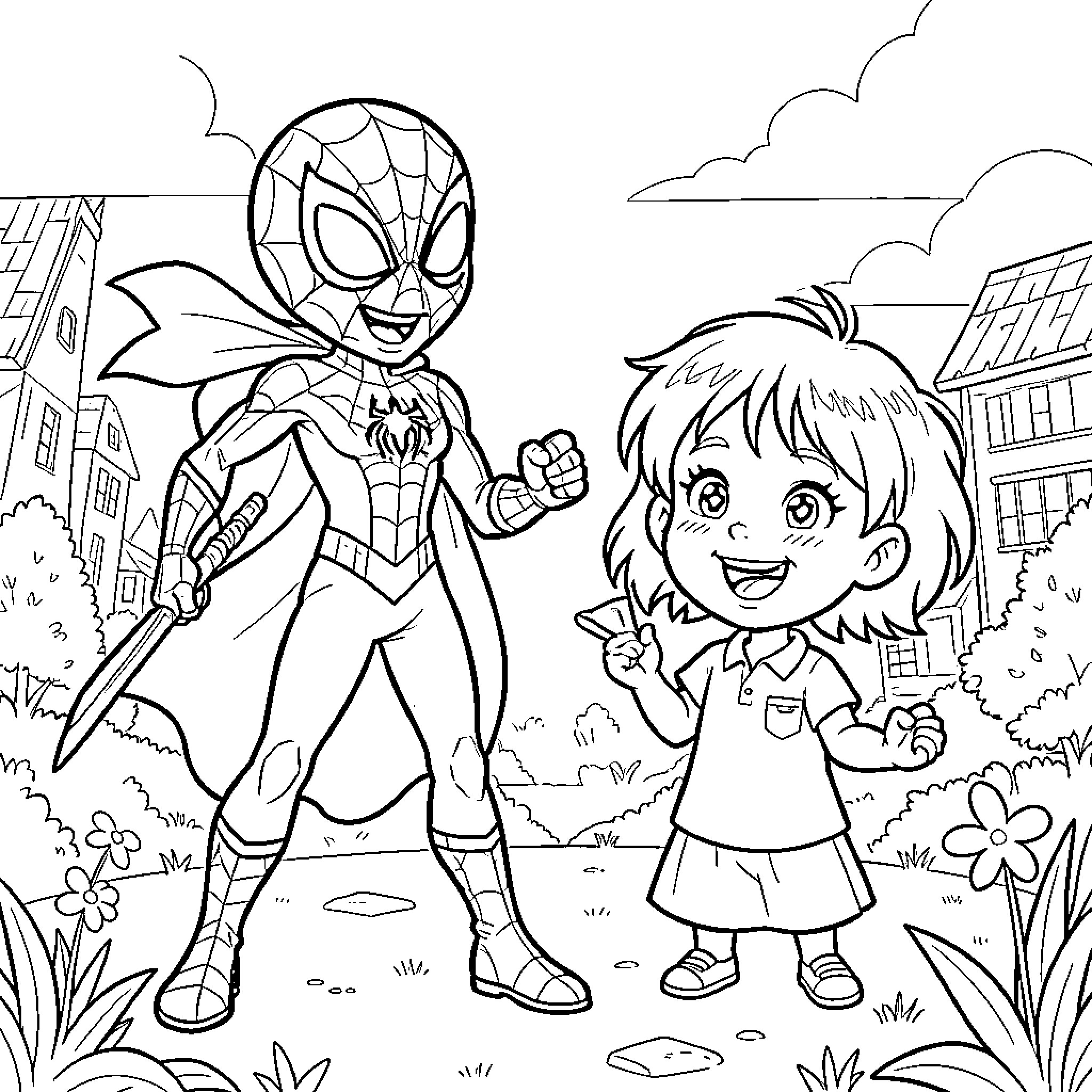 Spider-Man meets a cheerful young girl in the city Coloring Page (free black-and-white line drawing printable PDF for all, from beginners to advanced learners, including children, teens, adults, and seniors)