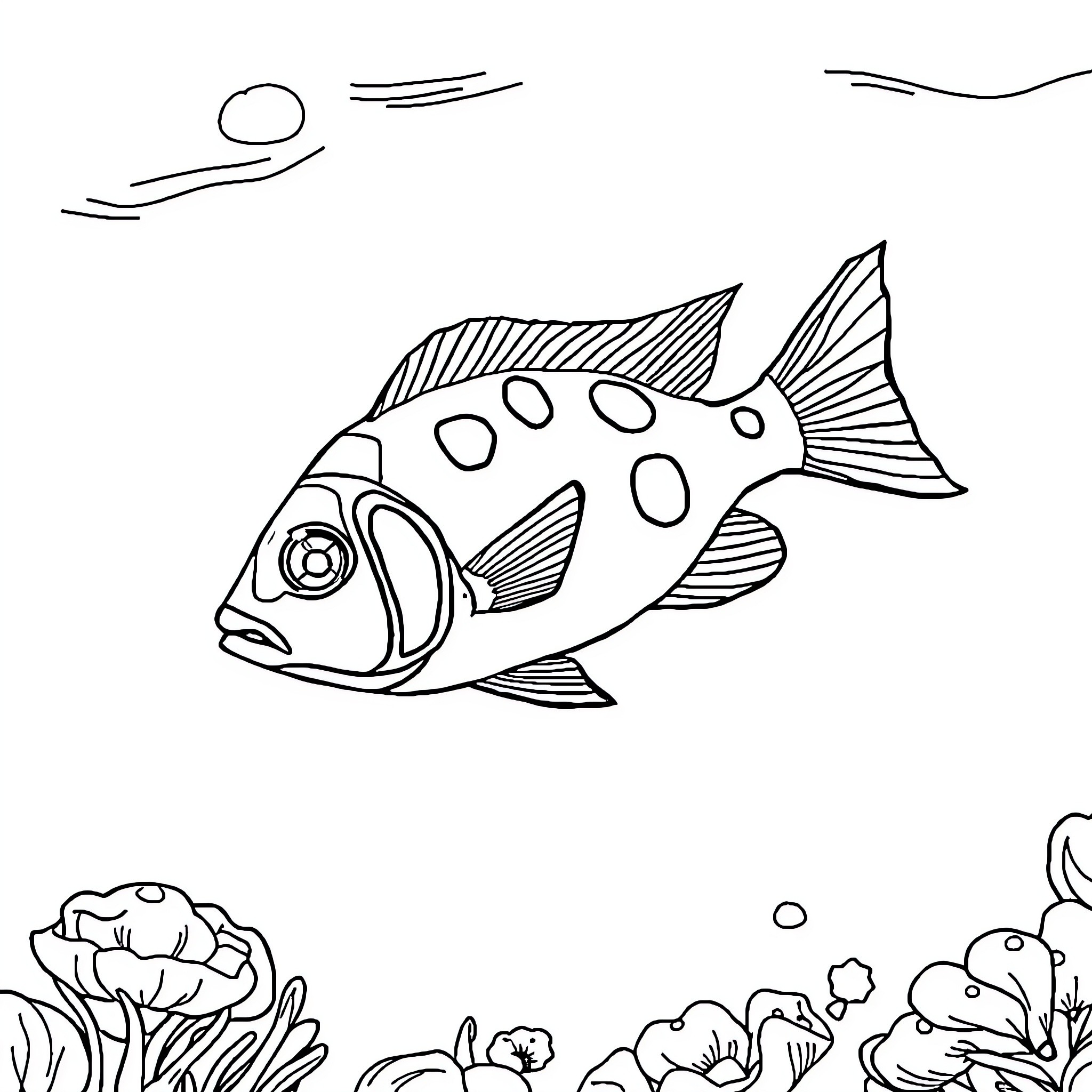 T. Ocellus swimming amongst underwater flora Coloring Page (free black-and-white line drawing printable PDF for all, from beginners to advanced learners, including children, teens, adults, and seniors)