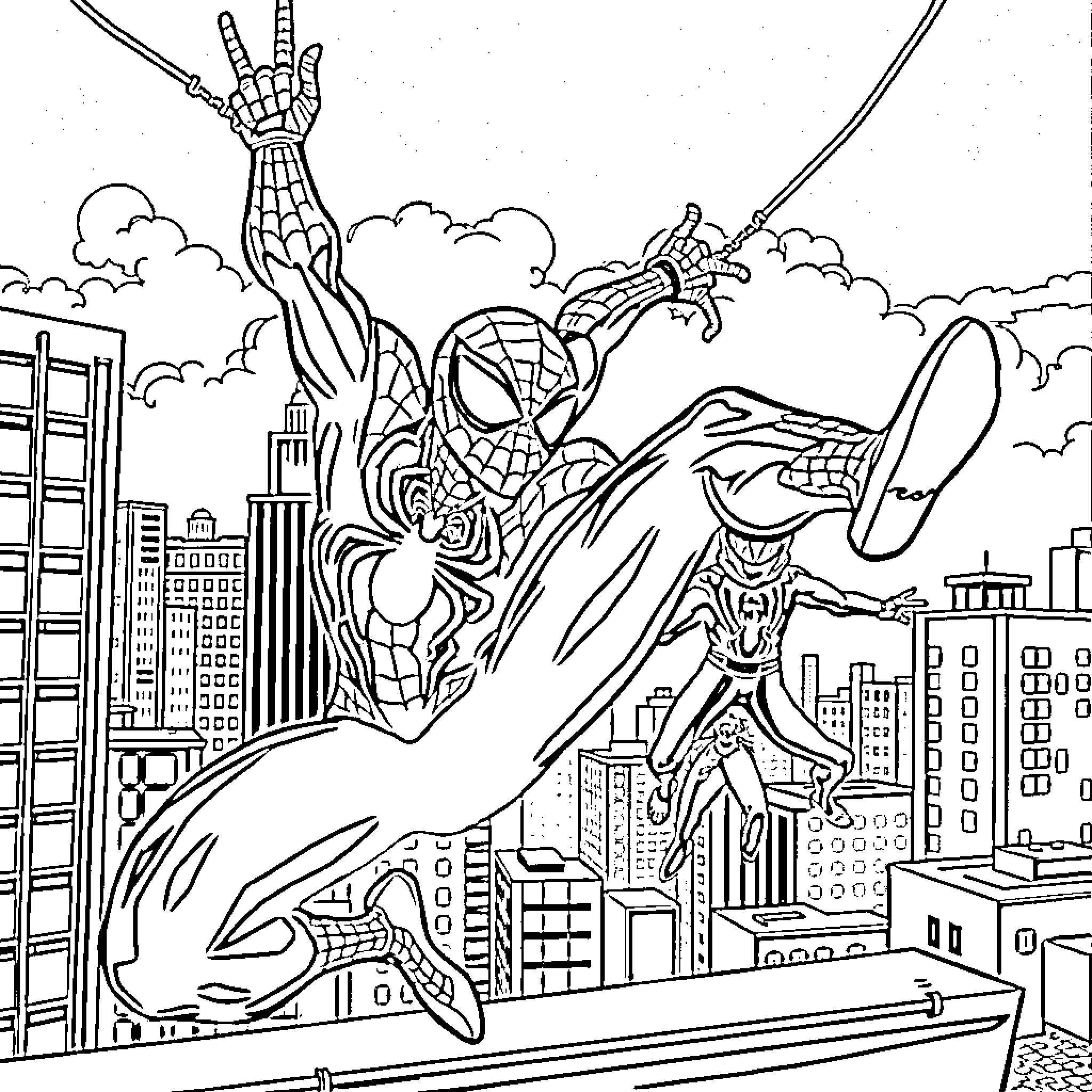 Spidey swinging through the city skyline Coloring Page (free black-and-white line drawing printable PDF for all, from beginners to advanced learners, including children, teens, adults, and seniors)