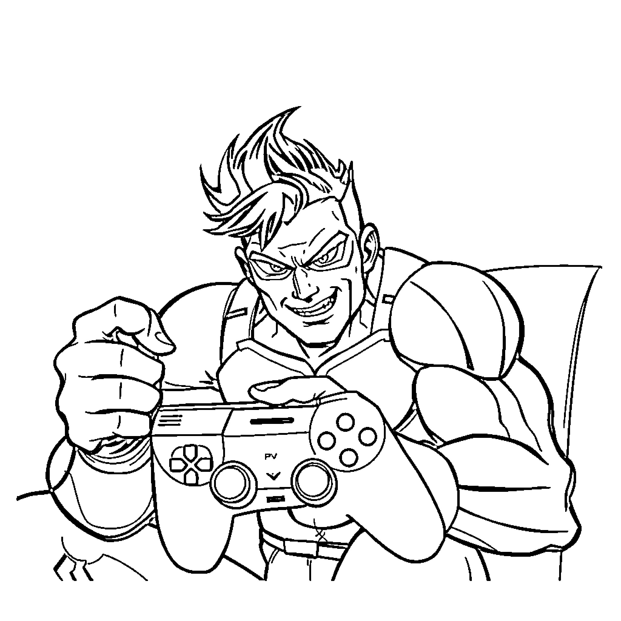 Invincible Gamer Intensely Focused on Console Coloring Page (free black-and-white line drawing printable PDF for all, from beginners to advanced learners, including children, teens, adults, and seniors)