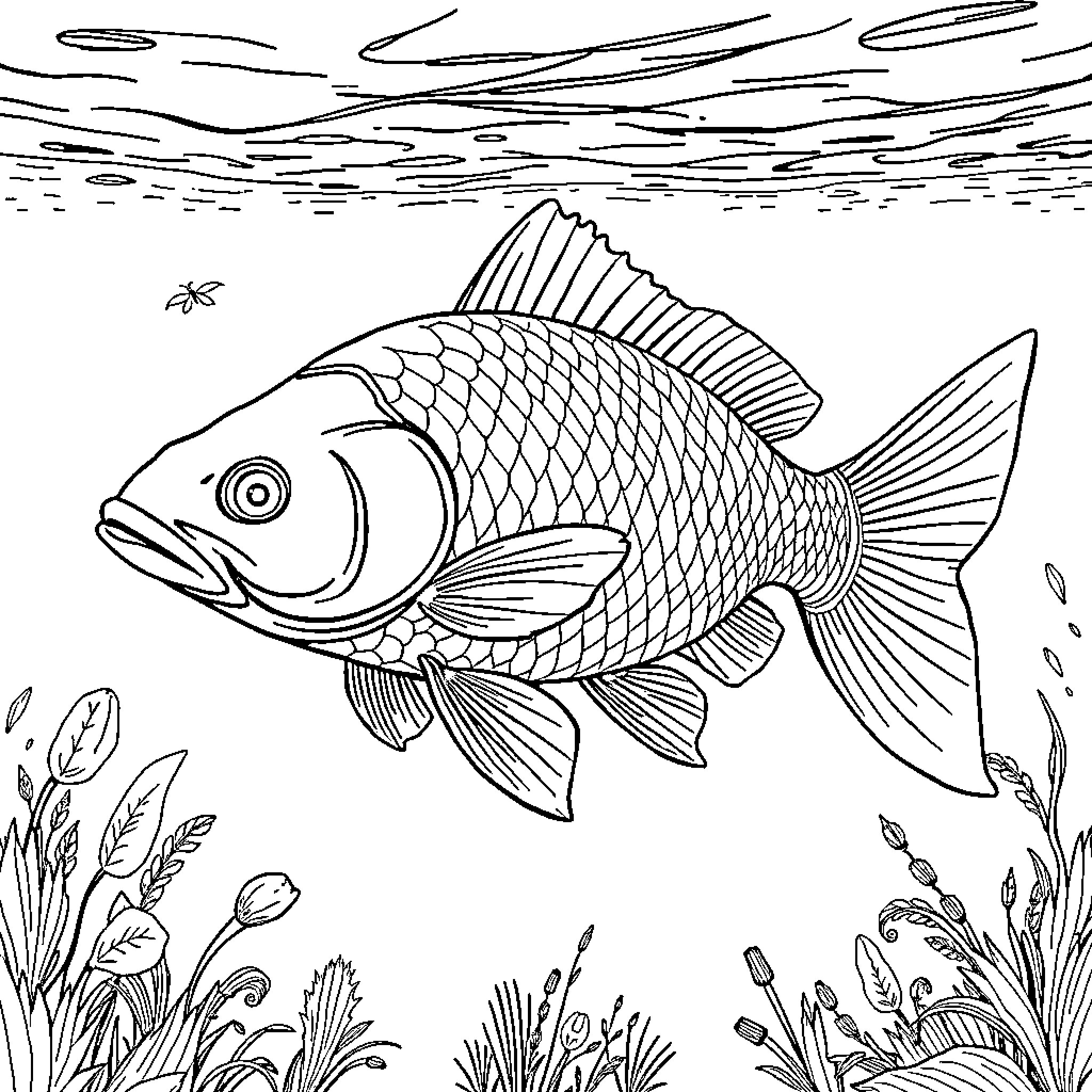 Carp swimming gracefully in the underwater scenery Coloring Page (free black-and-white line drawing printable PDF for all, from beginners to advanced learners, including children, teens, adults, and seniors)