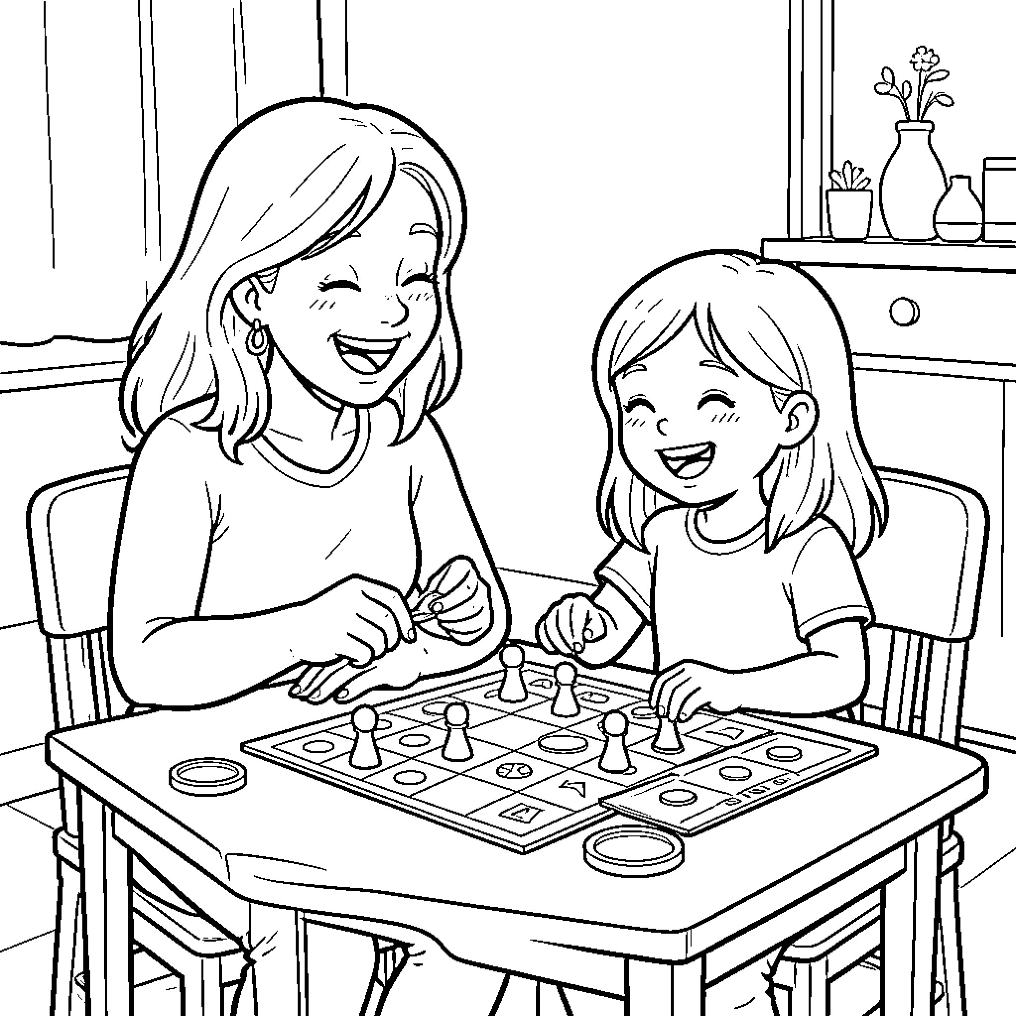 Mother and daughter laughing while playing a board game Coloring Page (free black-and-white line drawing printable PDF for all, from beginners to advanced learners, including children, teens, adults, and seniors)