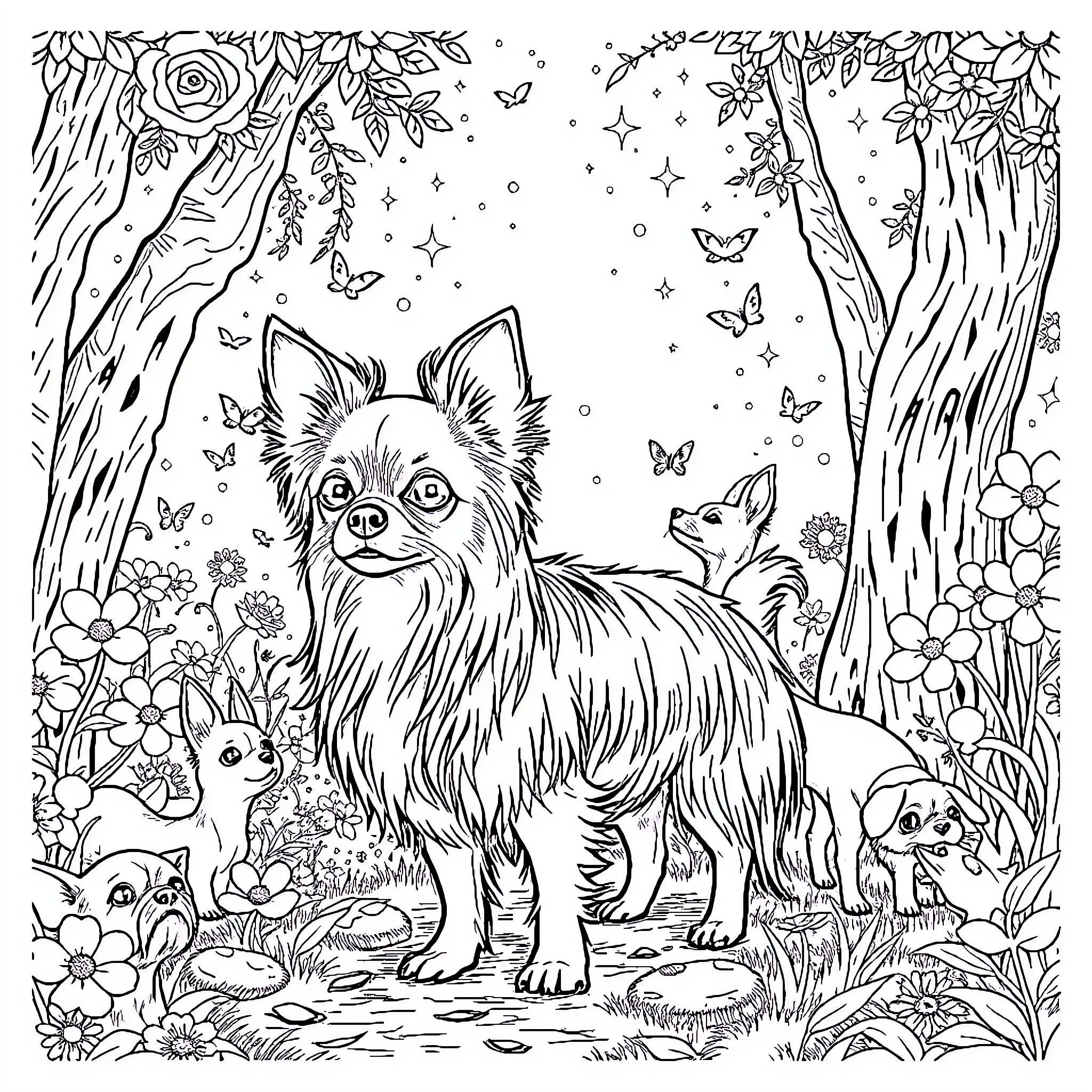 Chihuahuas enjoying a whimsical forest adventure Coloring Page (free black-and-white line drawing printable PDF for all, from beginners to advanced learners, including children, teens, adults, and seniors)