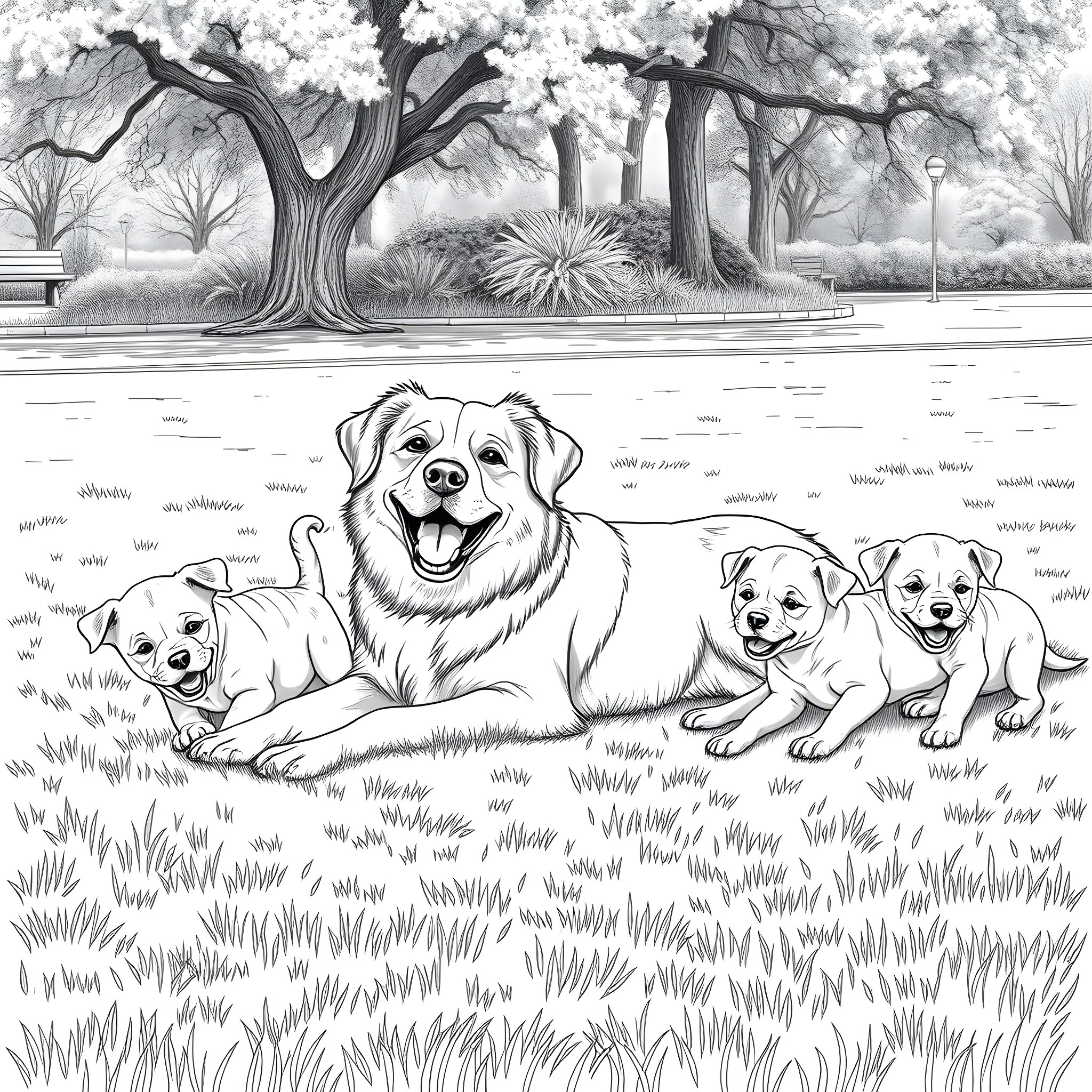 Dog family relaxing in the park Coloring Page (free black-and-white line drawing printable PDF for all, from beginners to advanced learners, including children, teens, adults, and seniors)