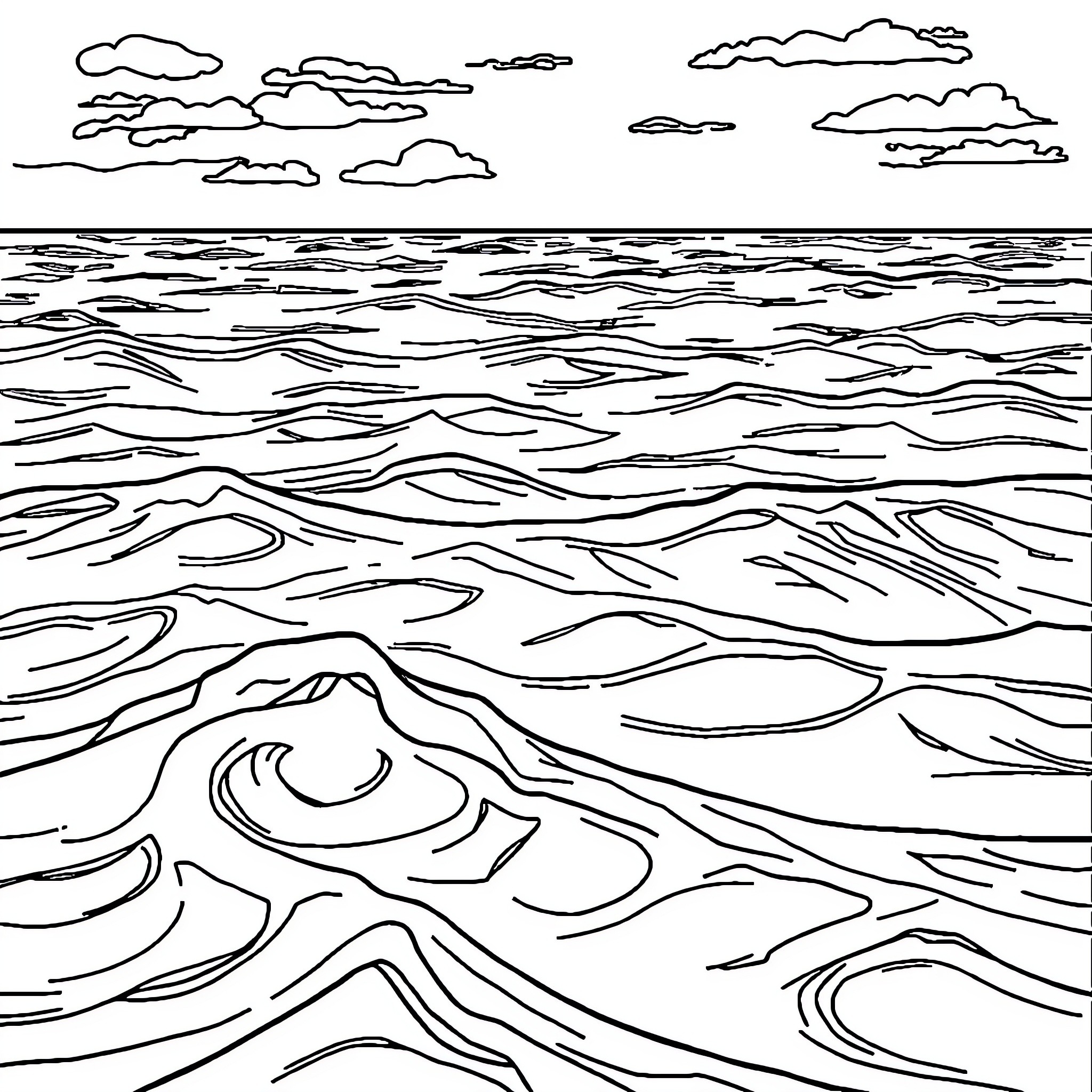 Ocean waves and cloudy sky Coloring Page (free black-and-white line drawing printable PDF for all, from beginners to advanced learners, including children, teens, adults, and seniors)